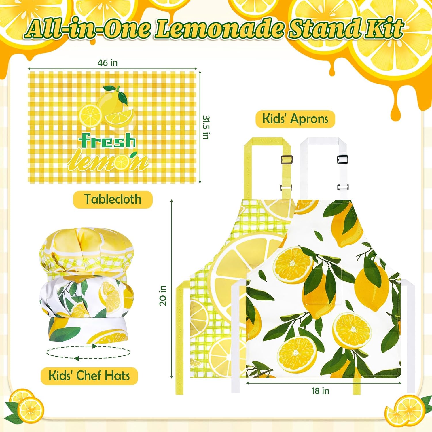 Lemonade Stand Supplies Set, 50 Beverage Cups with Lids & Straws, 2 Kids Aprons with 2 Chef Hats, Wooden Blackboard with 3 Chalks, Lemon Banner, Tablecloth & Stickers Summer Lemonade Stand Party Decor
