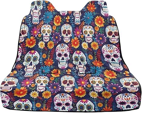 Sugar Skull Flower Print Car Seat Towel Cover Stretch Rear Bench Cars Seat Covers Towel Wear-Resistan Cars Seat Towels for Sweat Car Interior Decoration