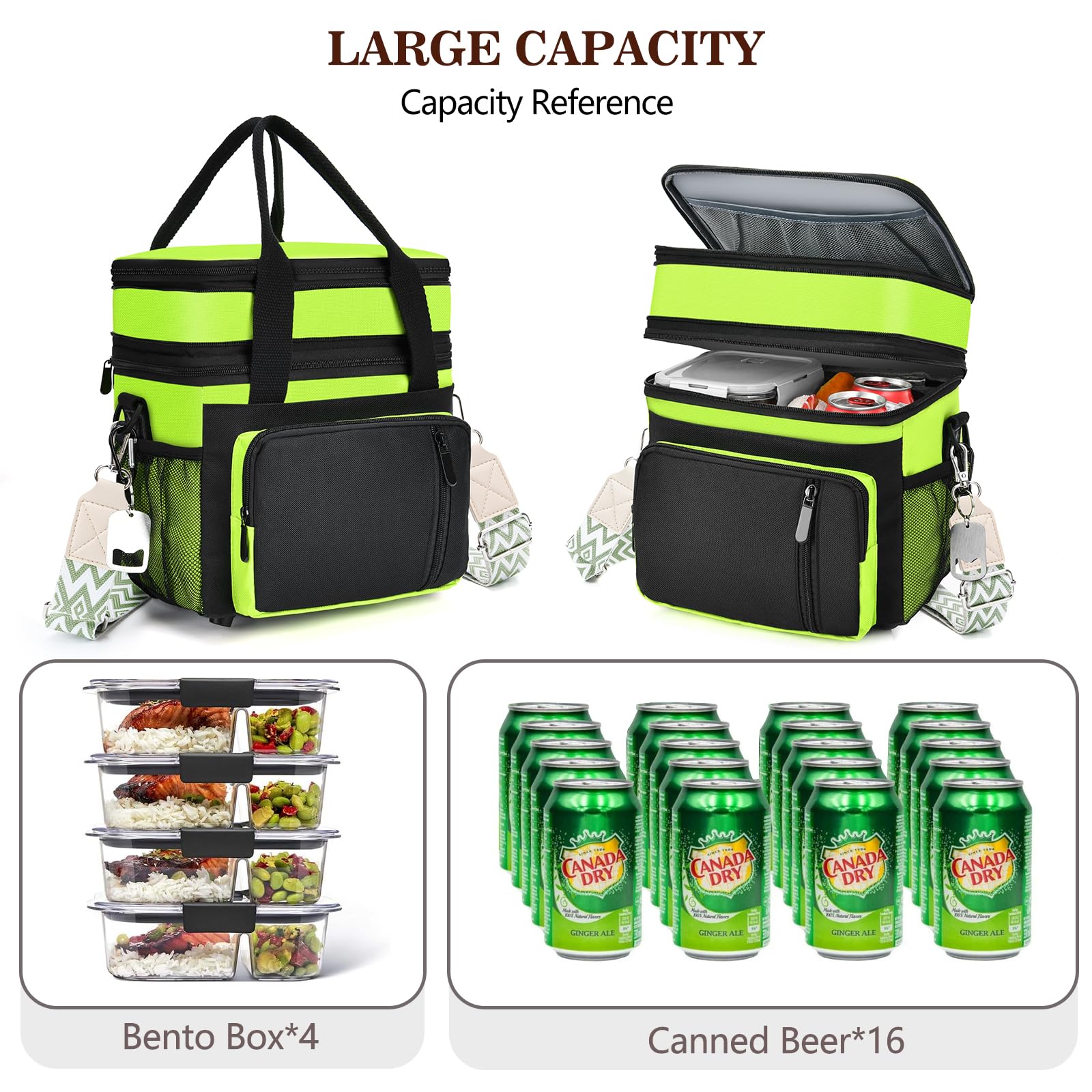 LOKASS Borsa termica per il pranzo da donna/uomo, 16L, espandibile, a doppio strato, a tenuta stagna, con tracolla regolabile, ideale per lavoro/viaggi/picnic (verde fluo)