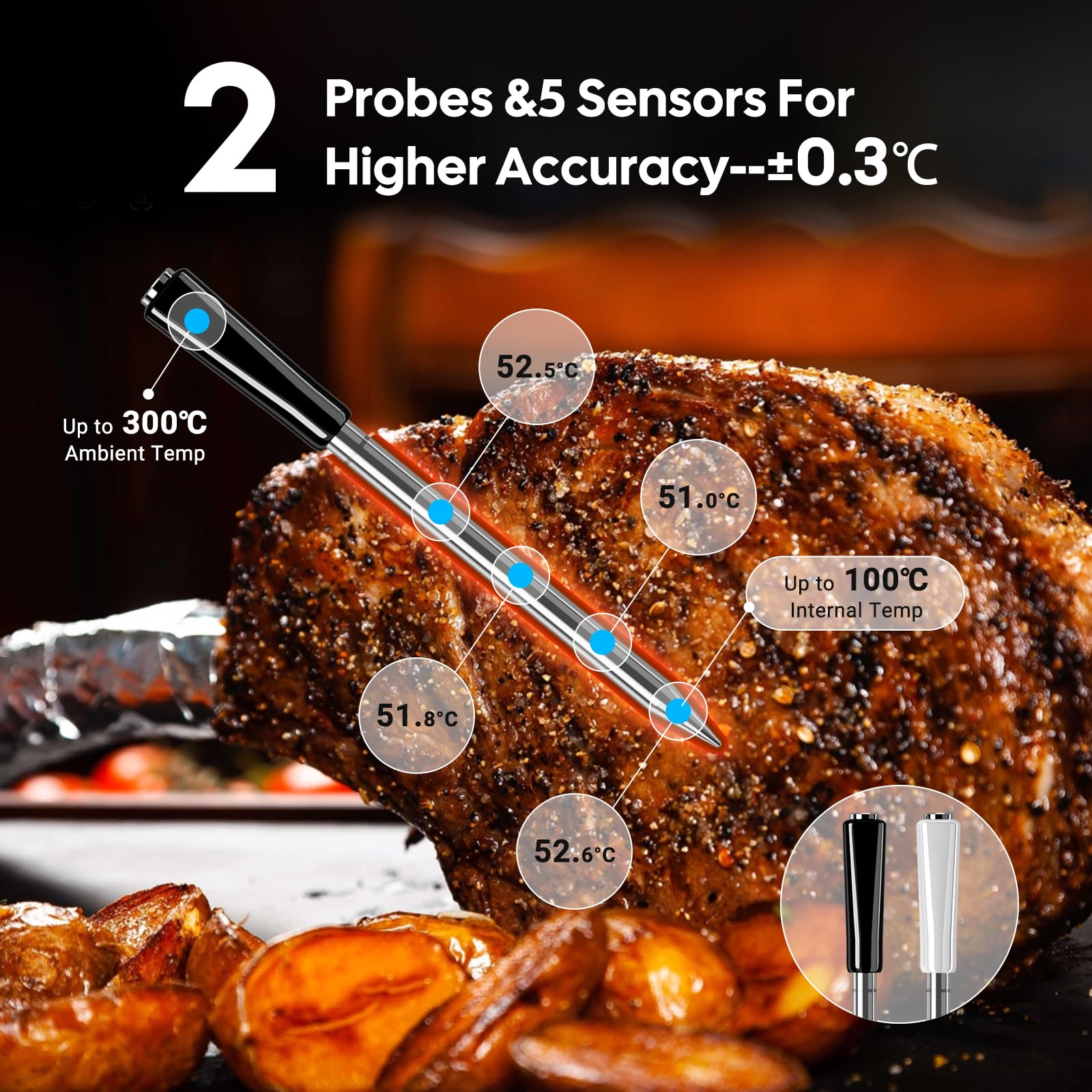 INKBIRD Termometro Wireless Multi-Sensore per Carne,Connessione WiFi 5G e Bluetooth 5.4,Doppia Sonde con 5 Sensori,Allarmi per Alte e Basse Temperature,per BBQ,Grigliate,Affumicatori,Forni,Cucina