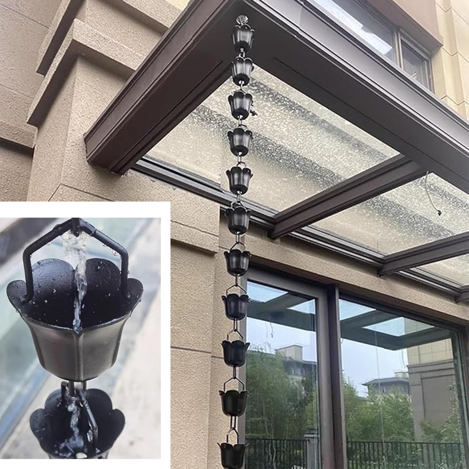 Regenkette Große Regenketten aus Aluminium für Dachrinnen, Schwarze Regenwasserableiter, Hängende Fallrohr-Fängerkettenverlängerung für Villa, Innenhof(100cm (3.3ft))