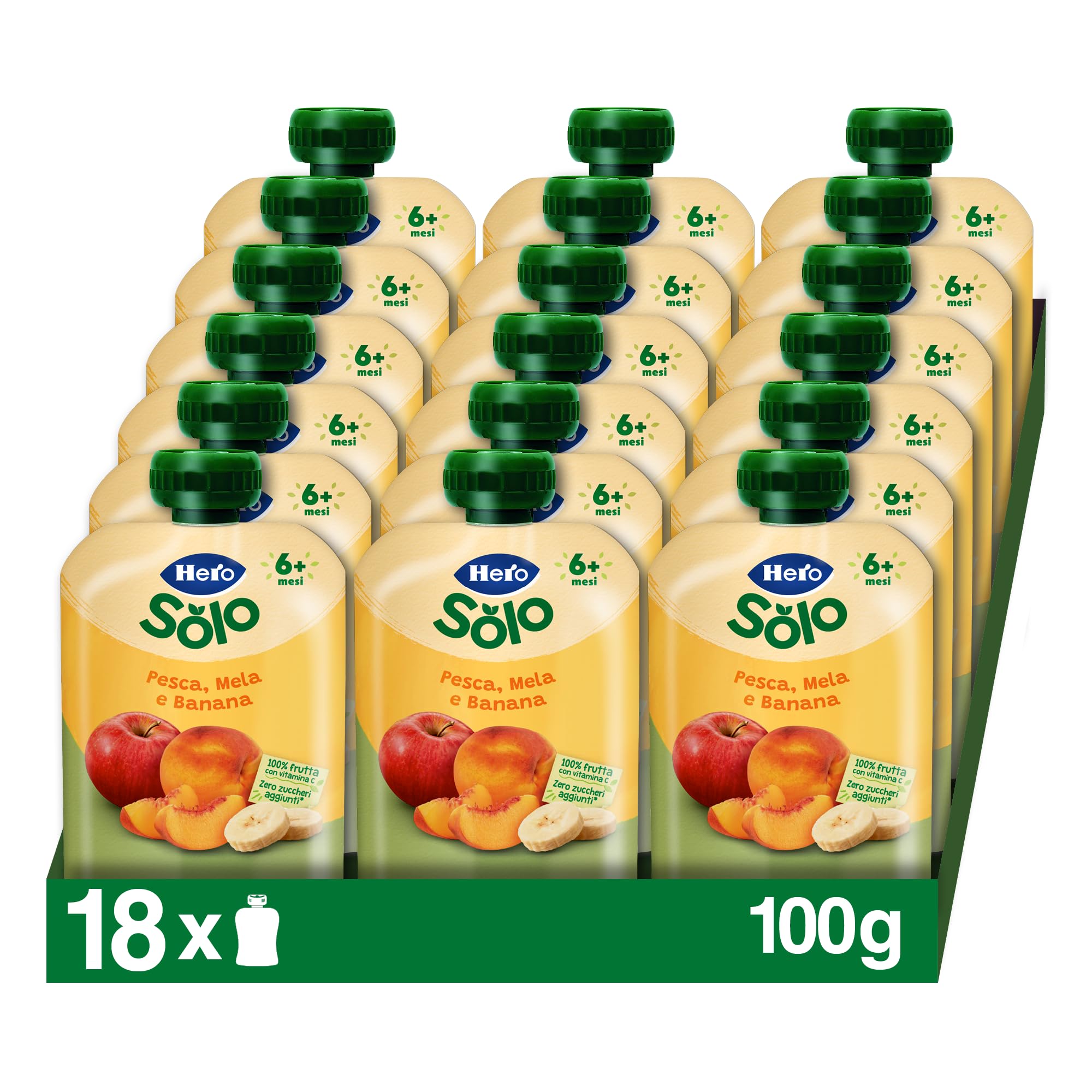 Hero Solo Pouch Frutta Pesca, Mela e Banana con Vitamina C – Senza zuccheri aggiunti, Senza glutine - Per bambini dai 6 mesi - 18 x 100 g
