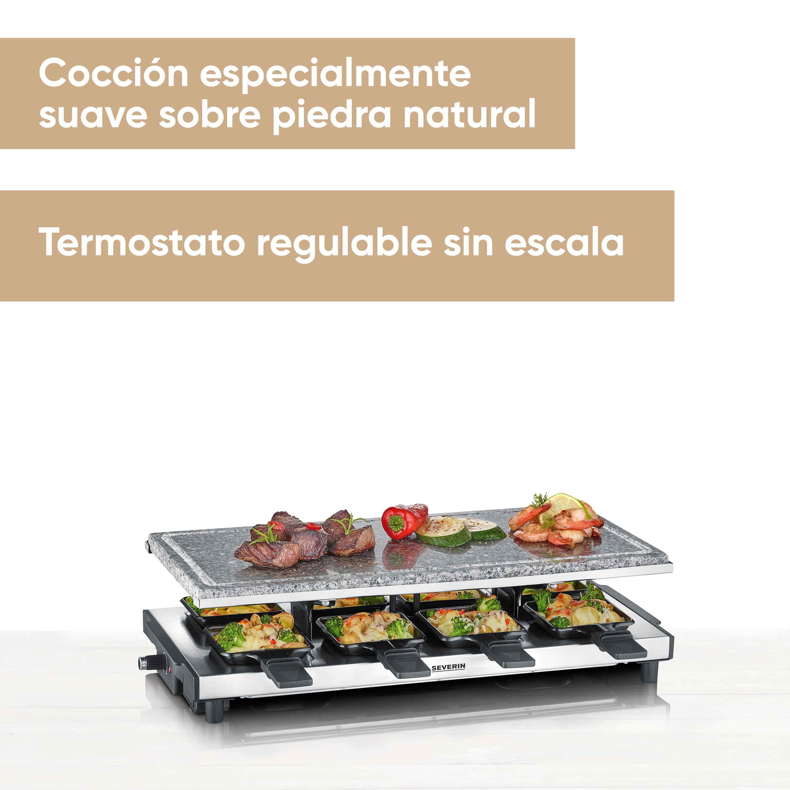 SEVERIN Raclette-Grill con piedra natural, parrilla eléctrica de sobremesa, raclette para 8 personas con placa de parrilla grill y 8 sartenes, plástico/acero inoxidable, negro, RG 2374
