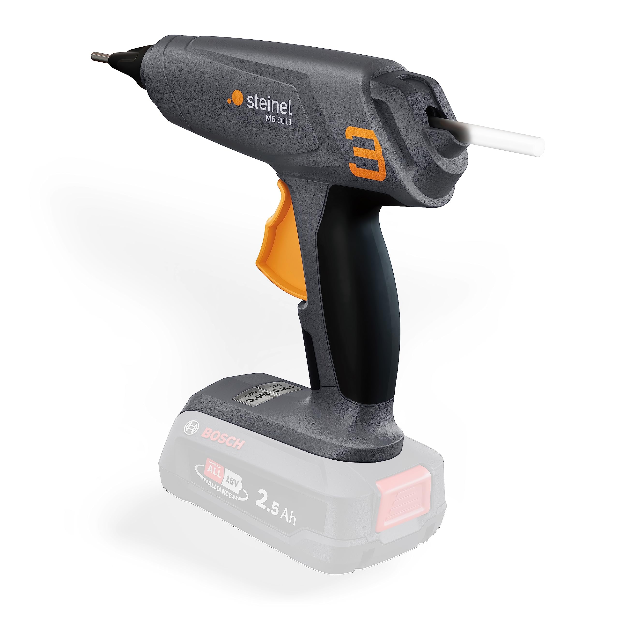 Steinel Akku Heißklebepistole MobileGlue 3011, für Bosch PFA 18V System, inkl. 3x Heißklebesticks, in 90 Sek. startklar, Klebepistole kabellos, 2 Temperaturstufen 130°C/200°C