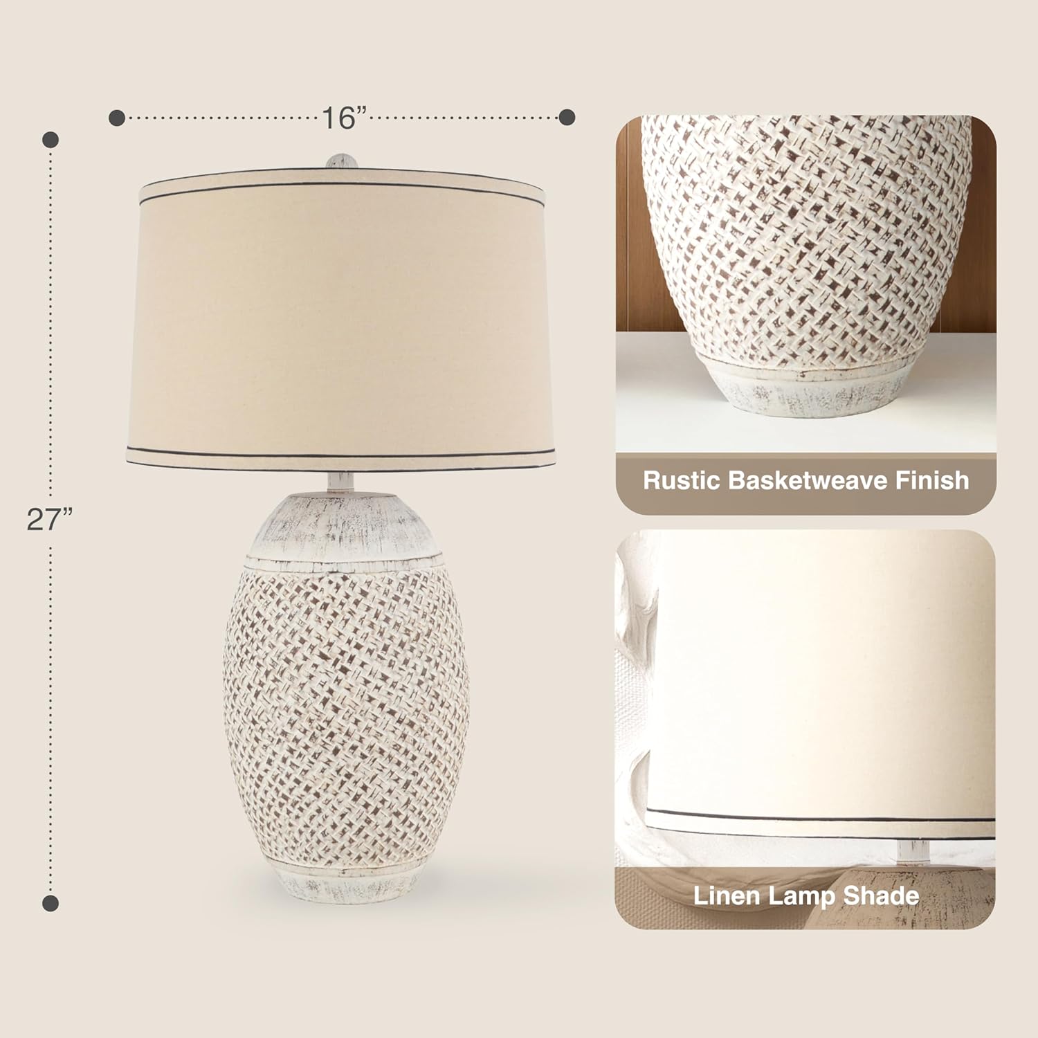 Abani Table Lamp Gaia Carved Lattice 27” – Coastal Cream Resin Base with Wheat Linen Shade – E26 Bulb Included – Elegant Desk Lamp for Bedroom, Living Room Lamp, Dorm or Nightstand