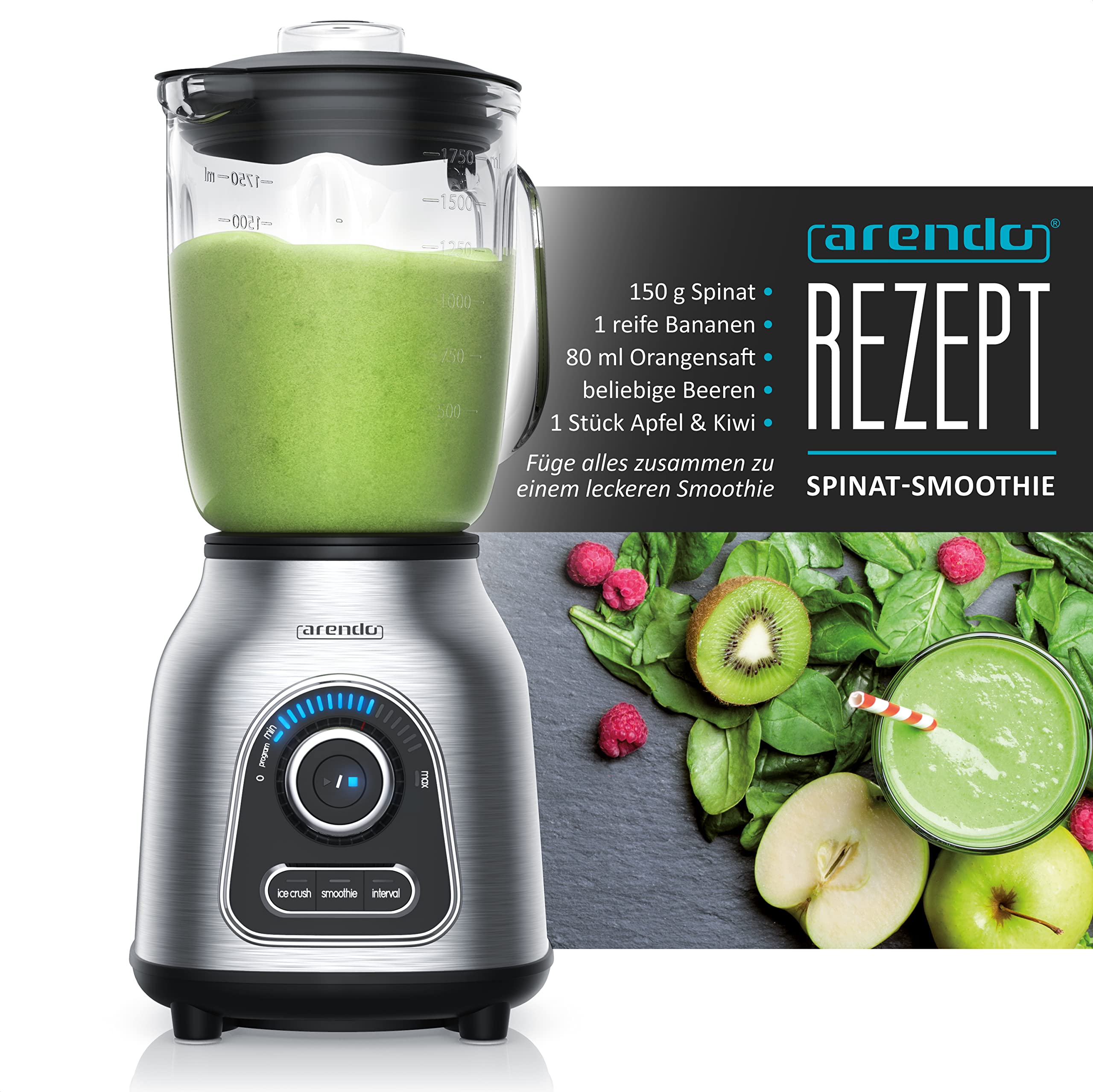 Arendo Standmixer Edelstahl 1400 Watt 24.000 U min inkl 1,75 l Glasbehälter Messbecher, kugelgelagertes Edelstahlmesser 6-flügelig, Crush, Smoothie, Impulsfunktion, 30 Leistungsstufen, 60 ml