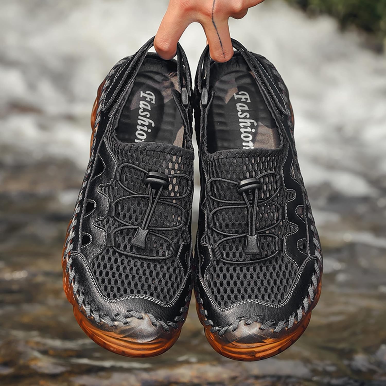 Qiucdzi Mens Closed Toe Sandals, Sport Sandals Casual Leather Handmade Sandals Adjustable Fisherman Beach Sandals For Outdoor Walking Driving,Black.