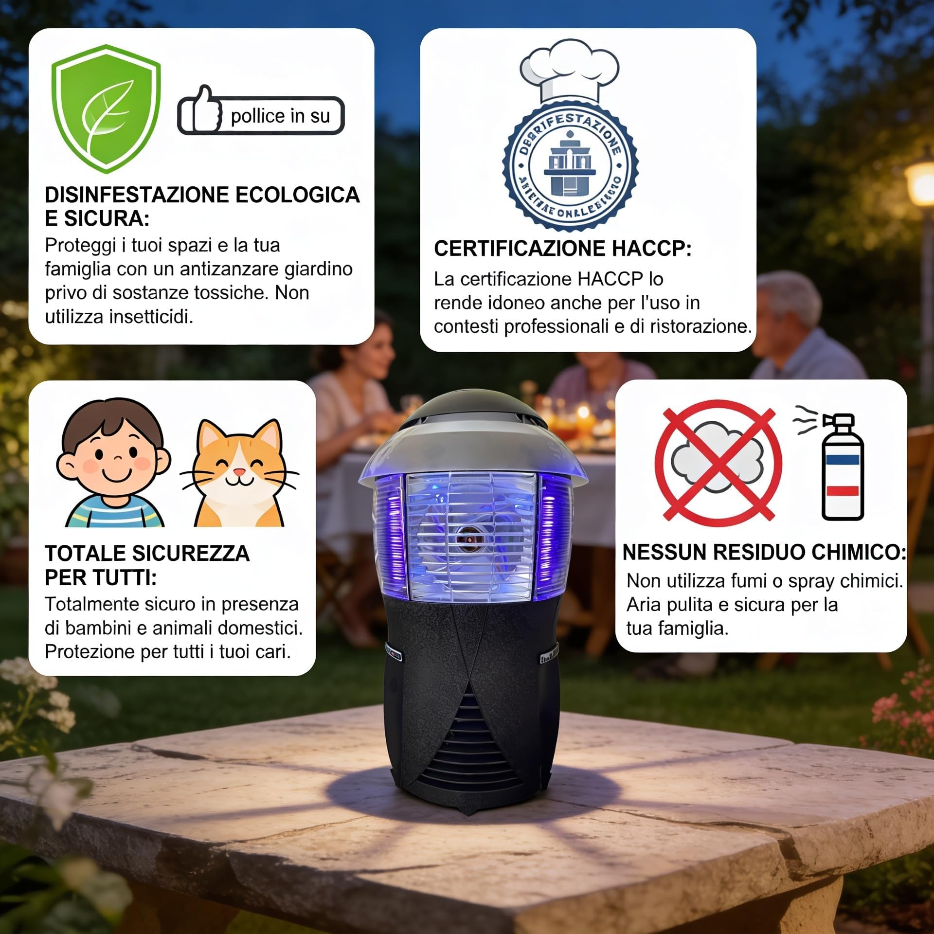 Sandokan, Antizanzare Giardino fino a 1000mq – Lampada Zanzare Esterno con Ventola – Aspira Zanzare Elettrico Silenzioso – Antizanzare Giardino da Esterno Senza Veleni, Made In Italy