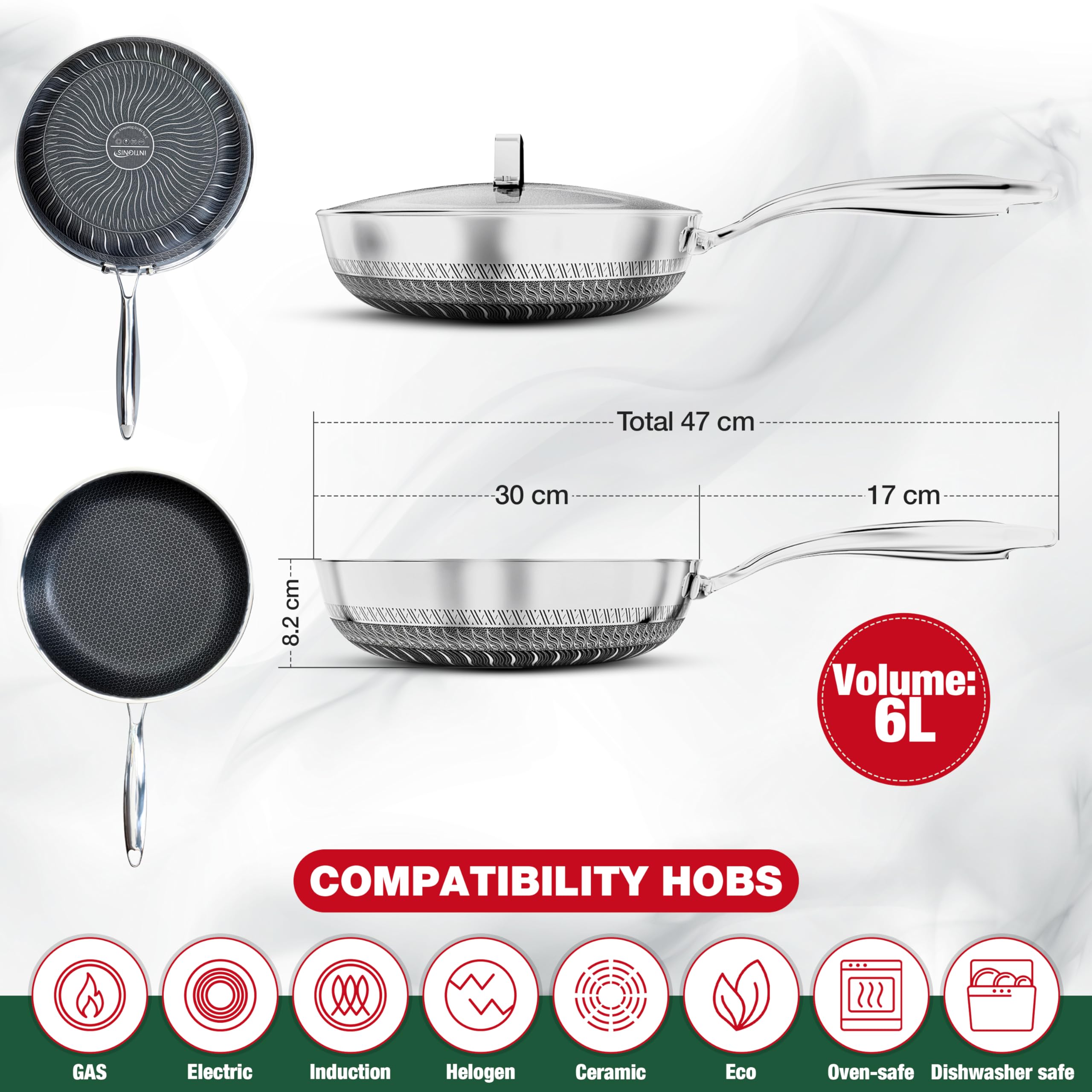 Głęboka patelnia z pokrywką 30 cm i garnek 24 cm zestaw – stal nierdzewna 304, nieprzywierająca, GREBLON® Germany Engineered, kompatybilna ze wszystkimi kuchenkami indukcyjnymi, antykorozyjnymi,