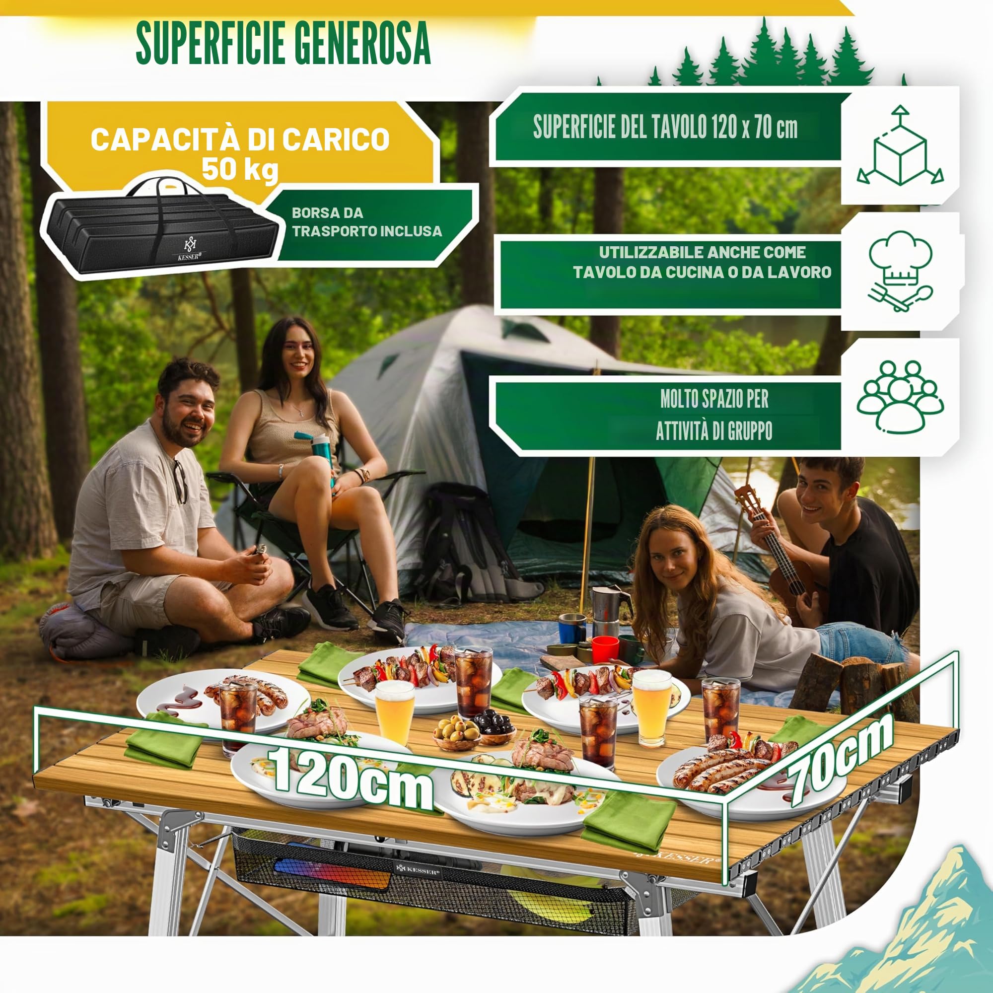 KESSER® Tavolo da Campeggio Pieghevole Tavolo Pieghevole Tavolo da Campeggio con Telaio in Alluminio Piano del Tavolo Arrotolabile Tavolo Pieghevole con Regolazione dell'altezza