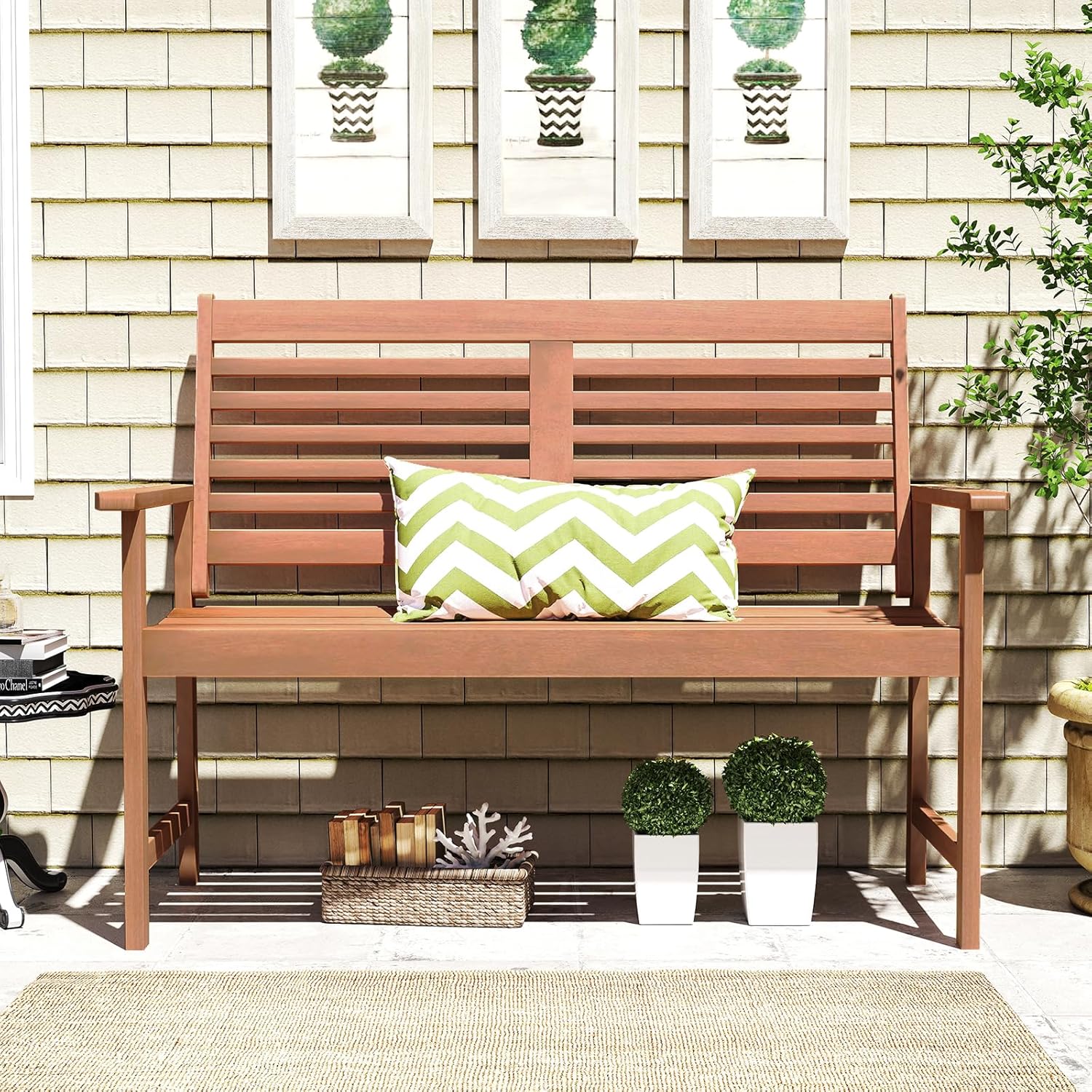 Tangkula Wood Outdoor Bench, 2-Person Patio Bench with Ergonomic Backrest & Armrests, Slatted Seat, Teak Oil Finish, for Front Porch, Backyard, Park, Loads up to 660 LBS