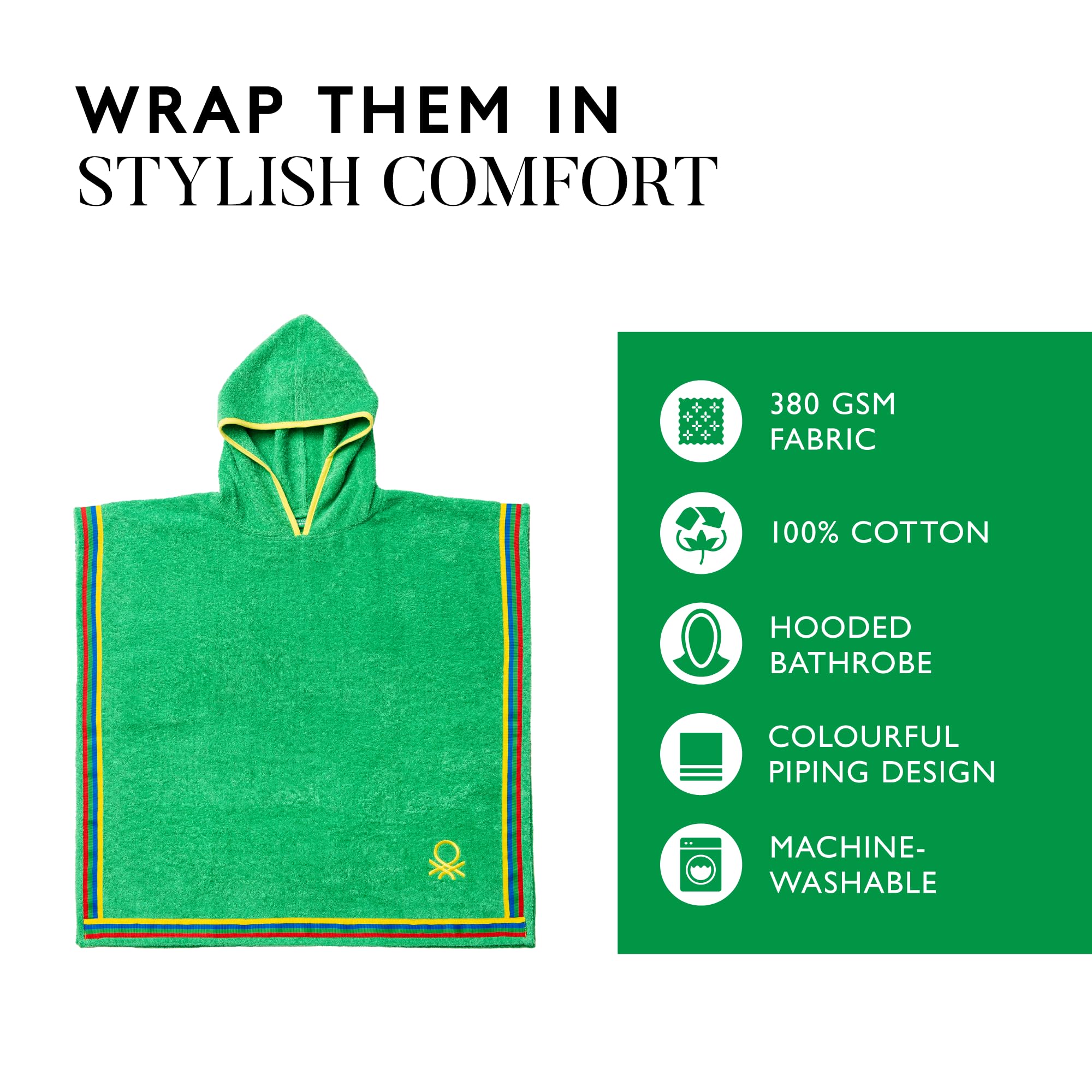 United Colors of Benetton. Accappatoio poncho da bambino, 85 x 85 cm, 380 GSM, 100% cotone, durata eccezionale, piacevole al tatto, certificato Oeko-Tex, lavabile in lavatrice, collezione Kids