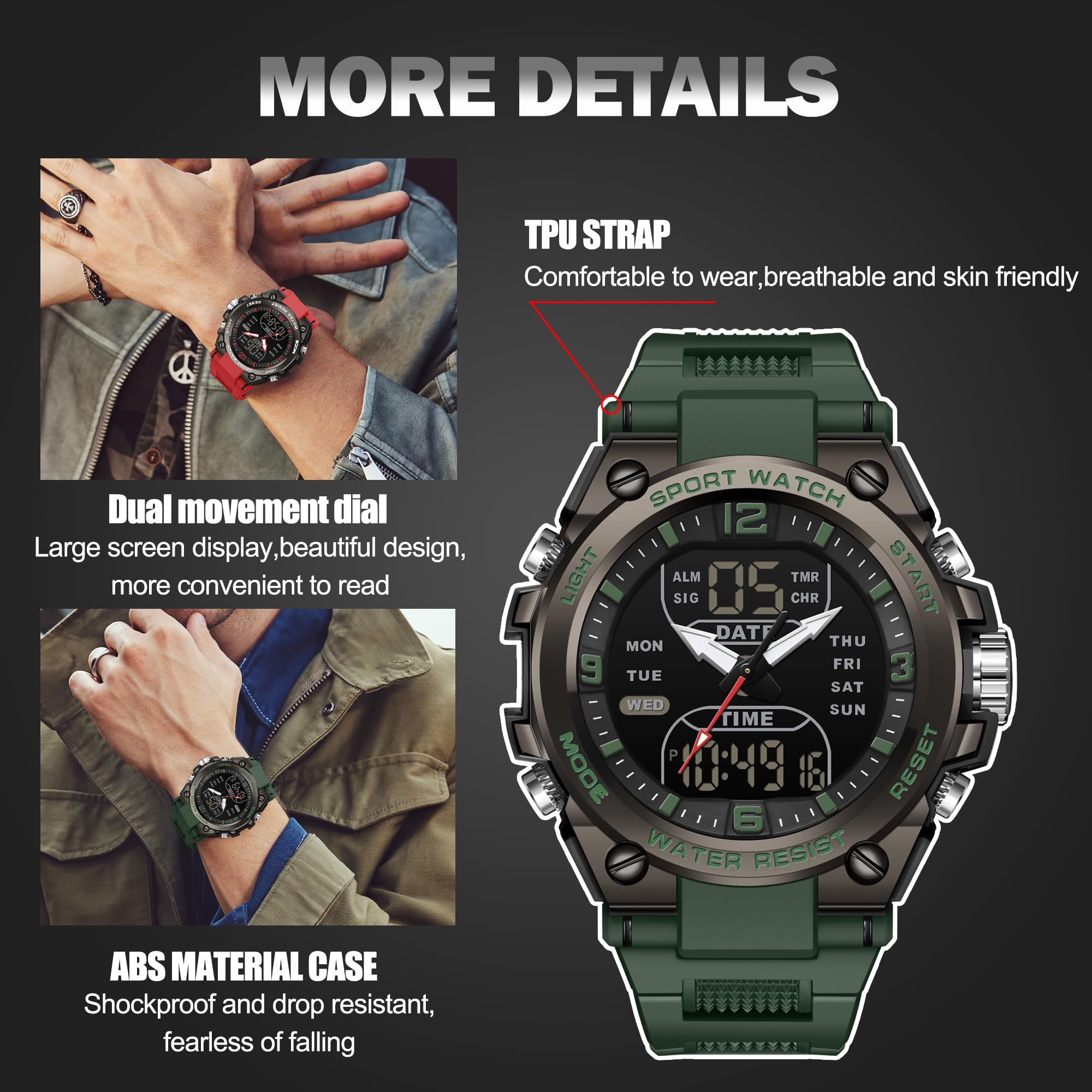 findtime Montre numérique de sport étanche pour homme, chronomètre, alarme, pour la course à pied, la natation, montre analogique à grand cadran Relojes para Hombres