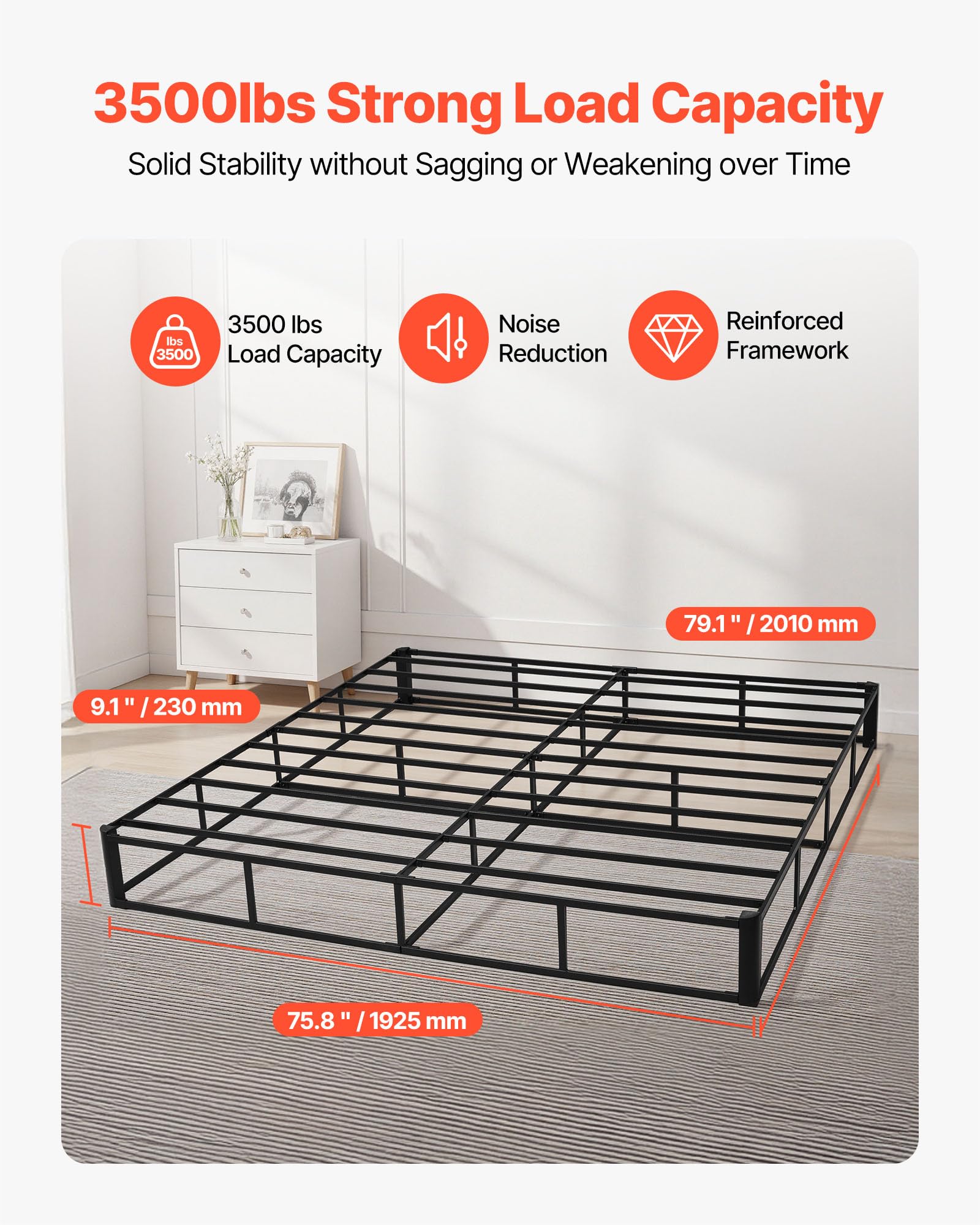 VEVOR Boxspringbettgestell (King-Size) mit Waschbarem Stoffbezug, Metallrahmen (2010 x 1925 x 230 mm) für Queensize-Betten, 23 cm Matratzenauflage, Max. Belastbarkeit 1587,57 kg, Matratzenfundament