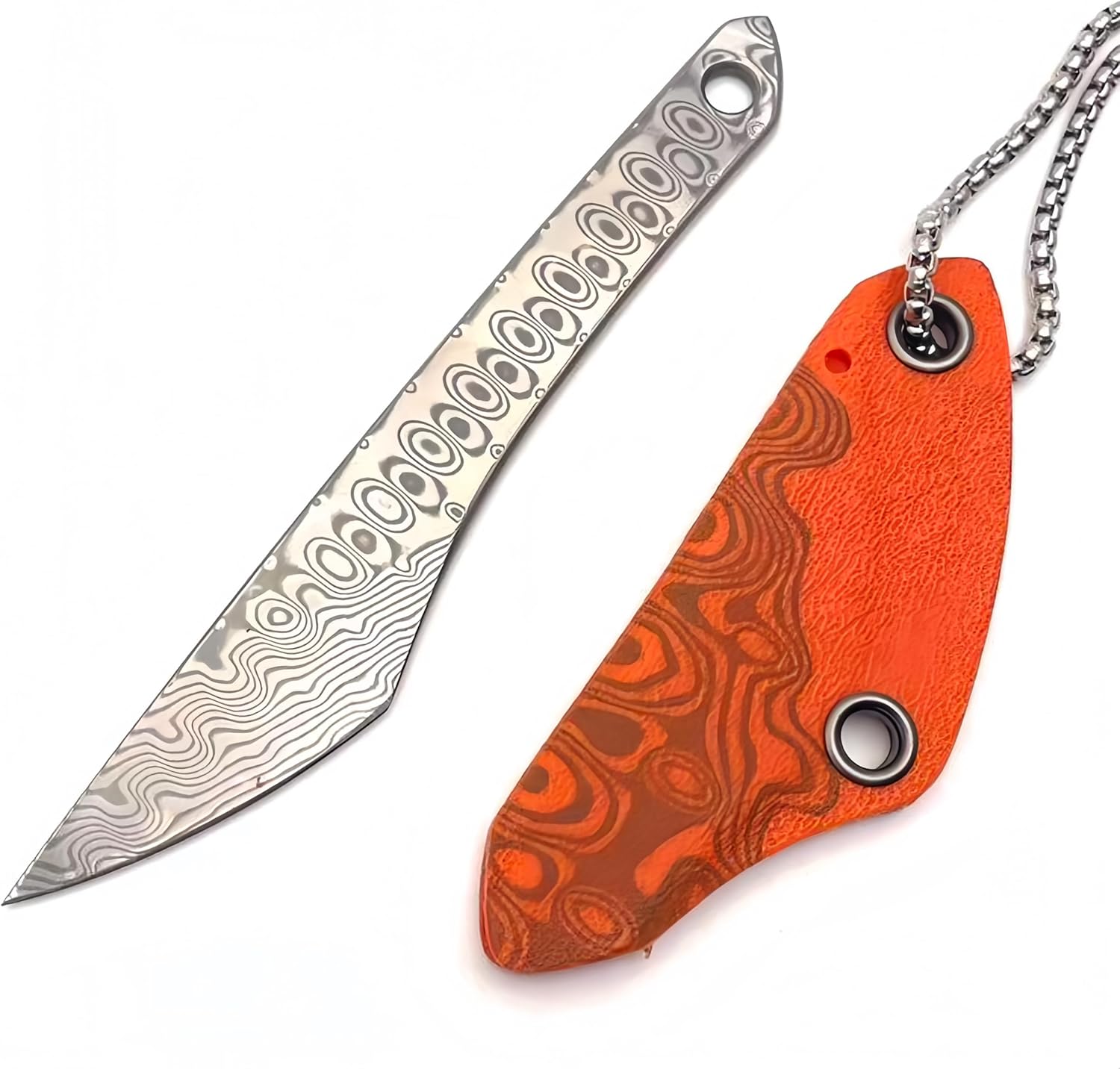 Damascus fixed blade knife with sheath, neck hanging rope, camping fixed blade small EDC knife for hiking