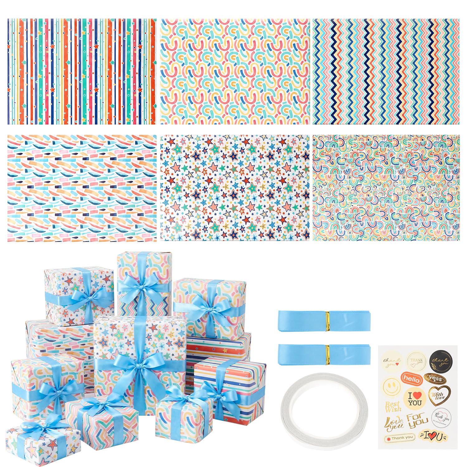MOTIBACK Colored Printed Wrapping Paper, 6 Sheets per Pack 43.5x70cm + Accessories (2 Meters of Ribbon * 2 + Double-Sided Tape + Stickers)