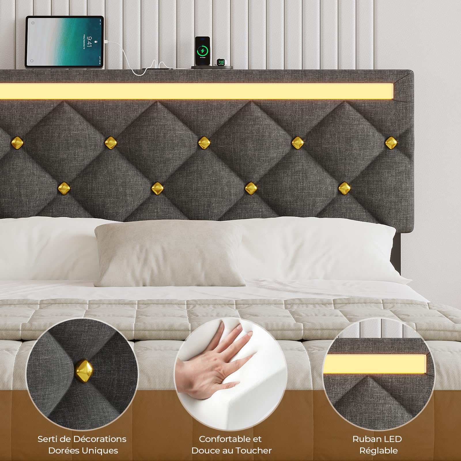 DICTAC Lit 140x190 avec LED, Cadre de lit 140 x 190cm avec Éclairage LED et 1 USB-A + 1 USB-C, Tête de Lit Réglable et Rembourrée - Lit Flottant avec Sommier, Capitonnage Lin Gris