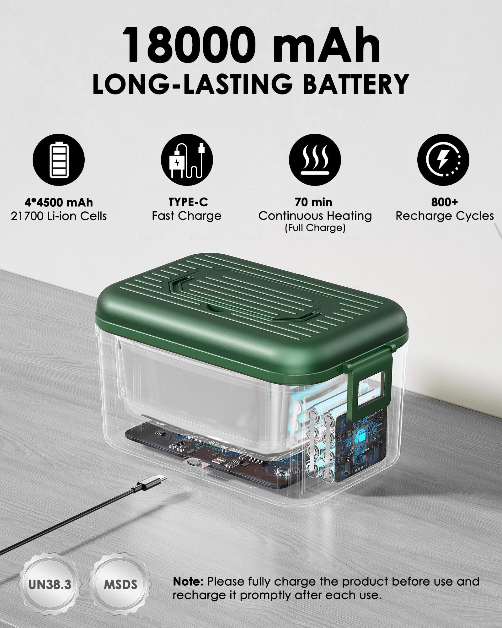Fiambrera Eléctrica Inalámbrica 1,4L para Adultos, Lunch Box Calefactable que Prepara tu Comida a la Hora Deseada con Mantenimiento Automático, Calentador Portátil con Bolsa Isotérmica (Verde)