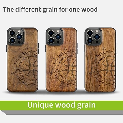 Miniatura 7 de Carveit Funda magnética de madera para iPhone 13 Pro Max madera real dura y TPU suave a prueba de golpes, funda protectora híbrida única y elegante
