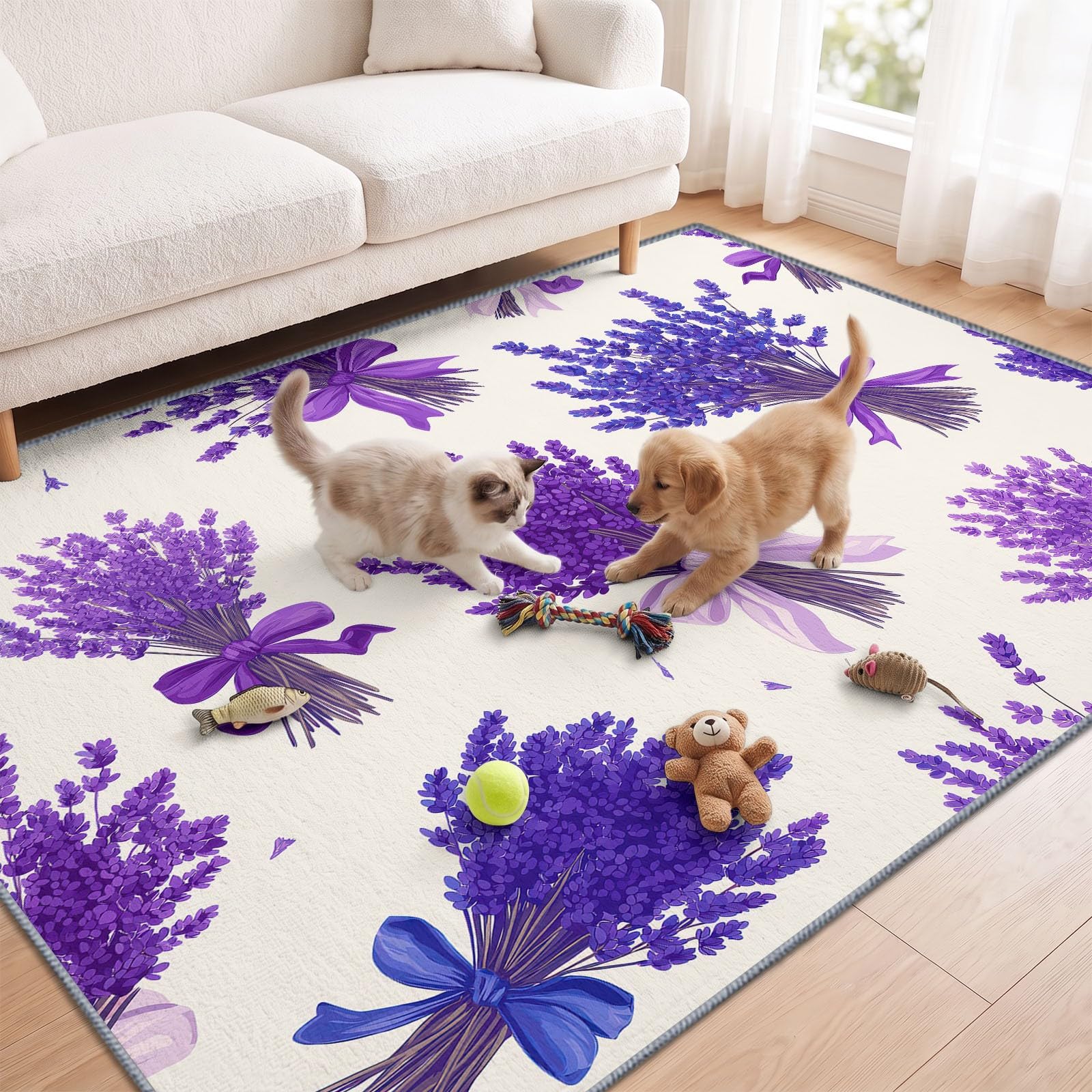 Dywany, rustykalny, botaniczny, do salonu, 160 x 230 cm, zmywalny, antypoślizgowy, miękki, z niskim runem, kwiatowy, lawendowy, dywan do sypialni, kuchni, jadalni, przedpokoju, przy łóżku