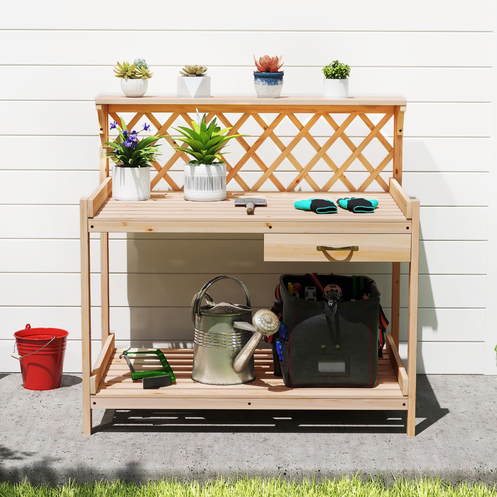 COSTWAY Table de Rempotage en Bois de Sapin avec Treillis à Claire-Voie, Table de Jardinage avec Tiroir Amovible Étagère Ouverte, Poste de Travail pour Arrière-Cour Balcon Pelouse