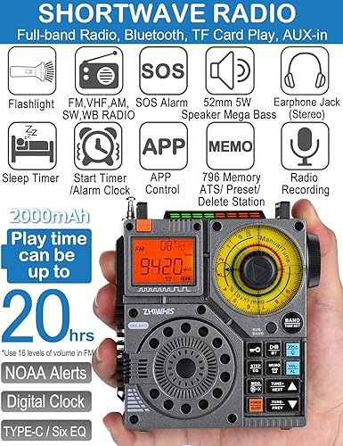 Miniatura 2 de ZHIWHIS Radio de onda corta con Bluetooth y control por APP, receptor portátil AM FM VHF SW WB, radio de emergencia recargable estéreo con super