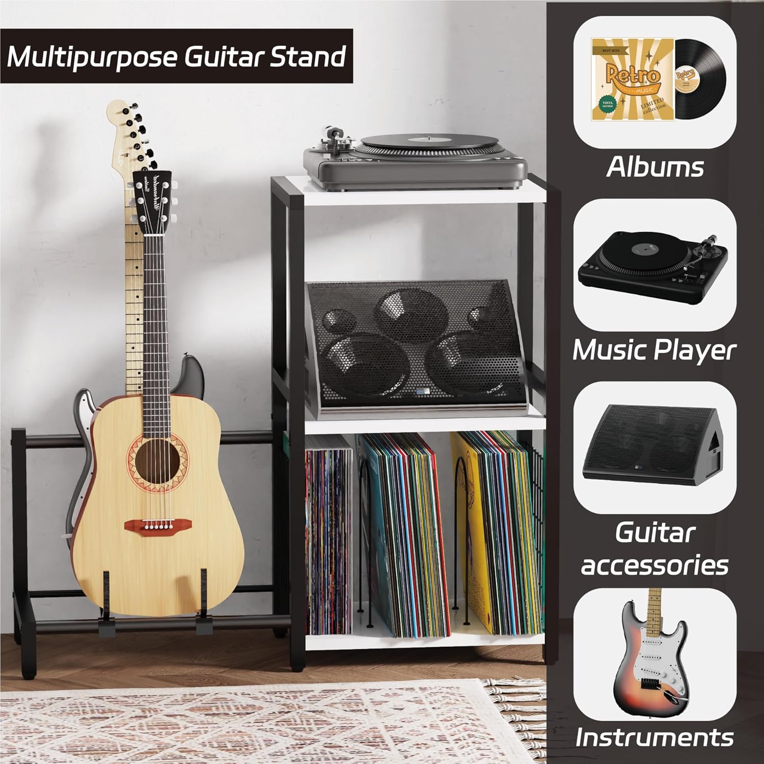 End Table with Guitar Stand,Record Player Stand,Vinyl Records Storage,2-Tier Guitar Stand for Acoustic, Electric Guitar,Bass,Turntable Stand Side Table for Music Room Studio Living Room-Modern White