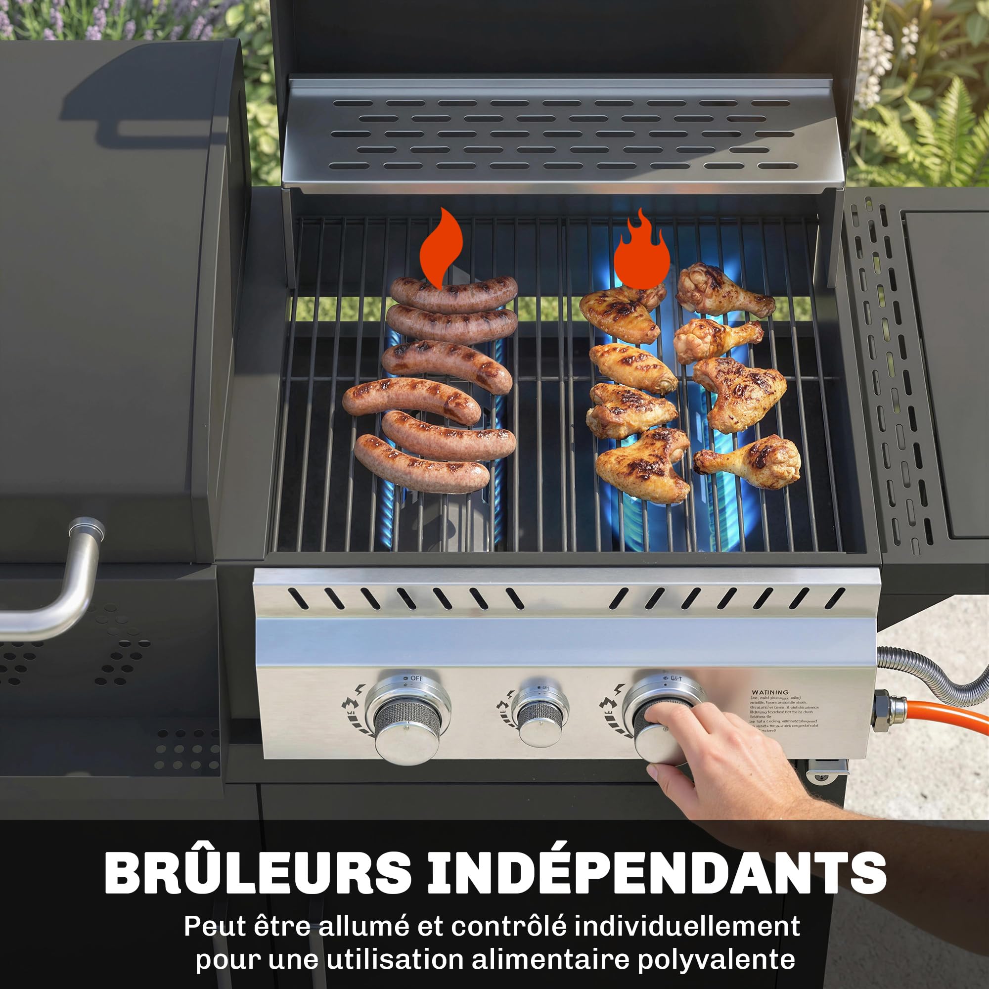 Outsunny Barbecue Hybride Gaz et Charbon de Bois - Barbecue Mixte 2 en 1 avec 3 Brûleurs et Feu Latéral - avec Thermomètre, Cabinet de Rangement et Décapsuleur, Noir