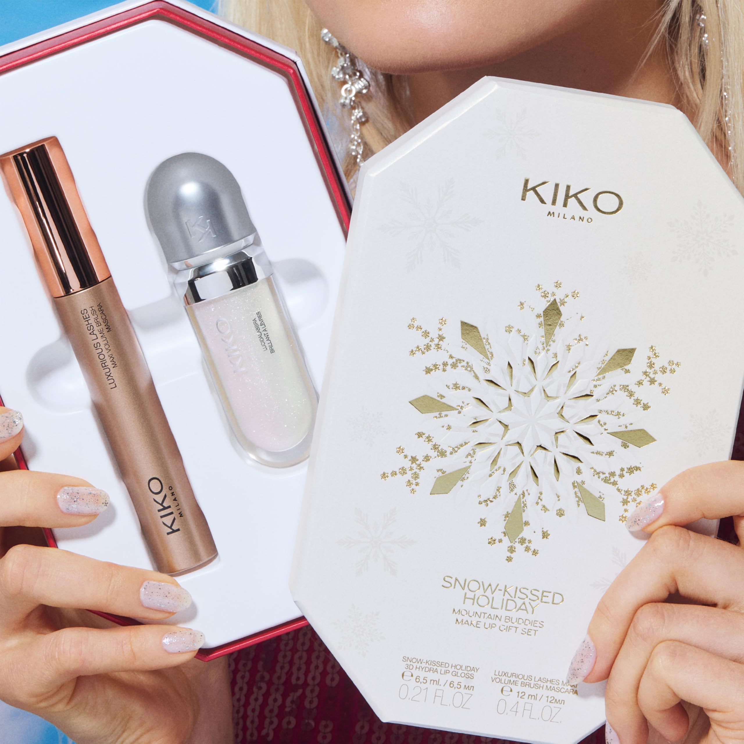 KIKO Milano Snow-Kissed Holiday Mountain Buddies Make Up Gift Set, Gift Set Makeup: Lucidalabbra 3D Hydra Lipgloss E Mascara Effetto Volume