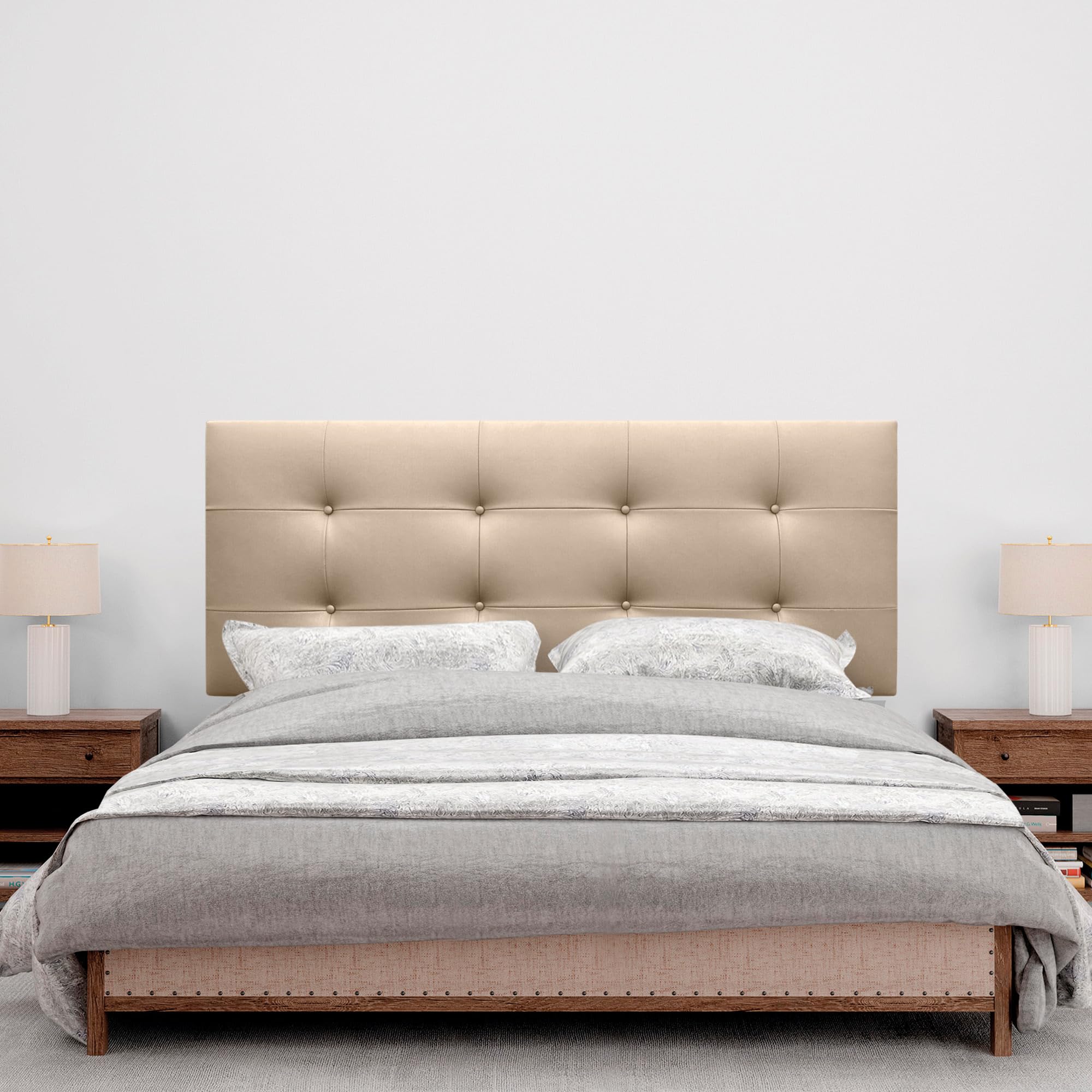DHOME Tête de lit Capitone capitonnée Acualine en Simili-Cuir ou Tissu avec Pieds en Bois de pin Epaisseur 8cm Têtes de lit Capitone capitonnées capitonnées (Similicuir Champagne, 160 (150/160))
