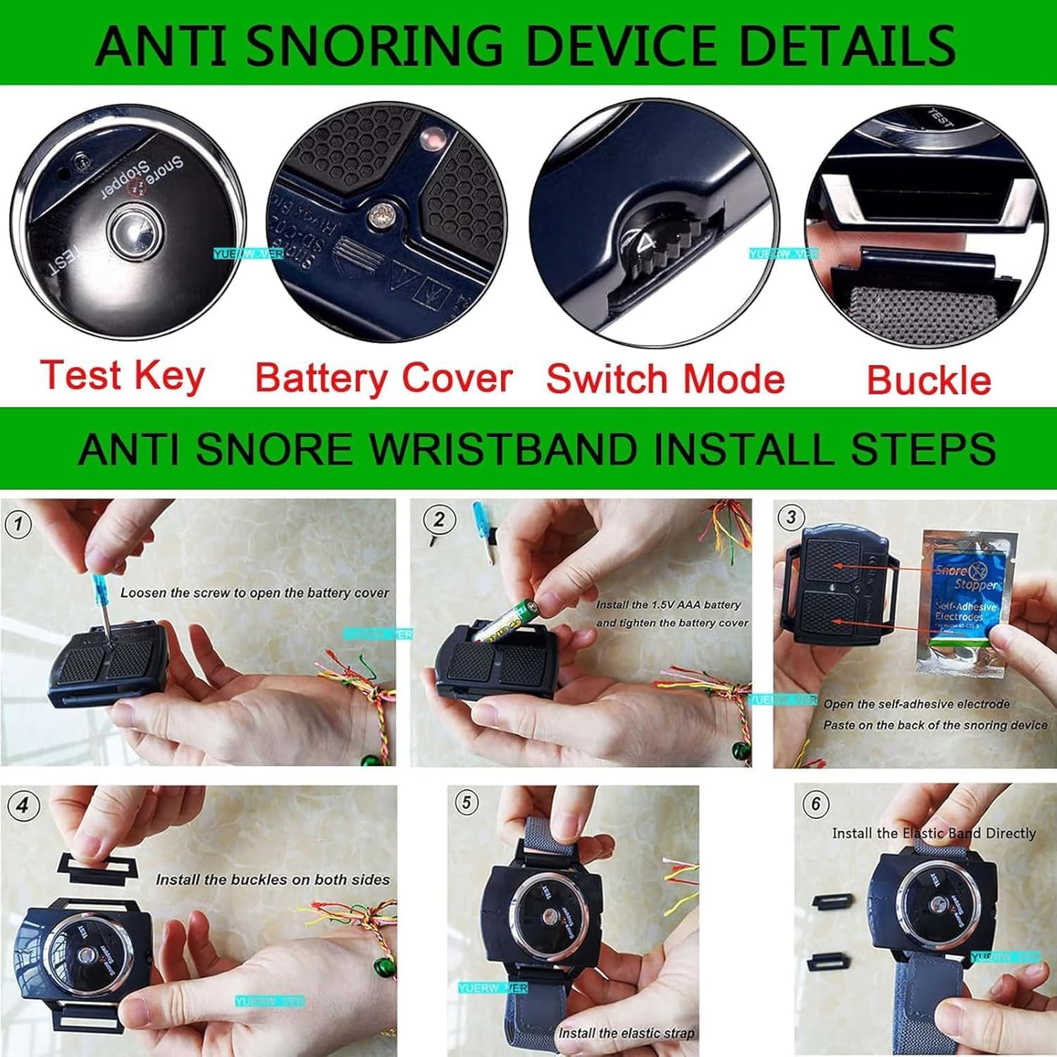 Anti Snoring Wristband Device, Anti Snore Wrist Aid with 7-Speed Intensity Adjustment, Effective Snoring Prevention & Sleep Aid, Improve Nighttime Sleeping for Men & Women