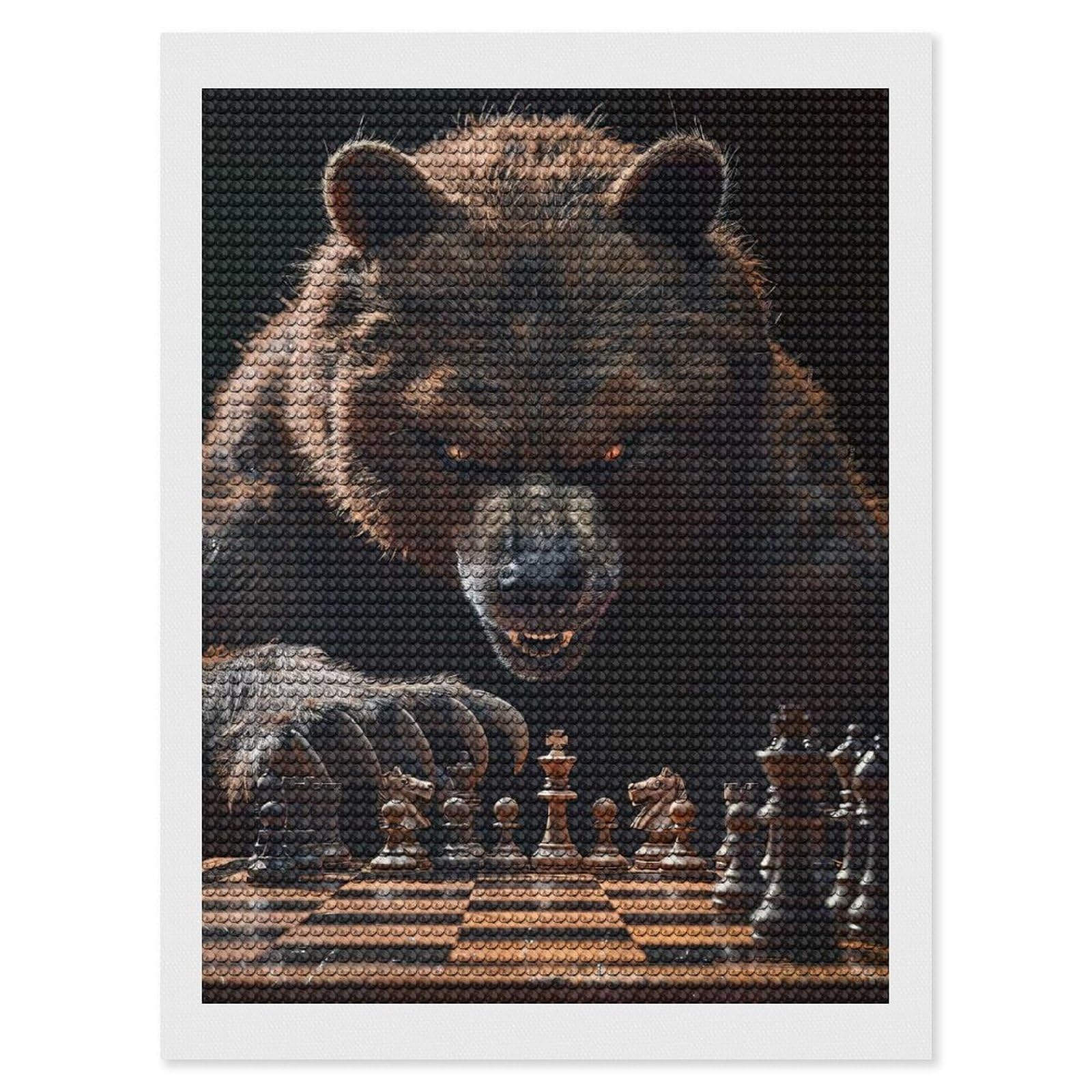 Junmoney Grizzly Bear Chess DIY Diamond Art Canvas Kit 12"x16", Decorate Your Room, Sparkling Round Gems, Fun Craft Experience, Farmhouse Decor