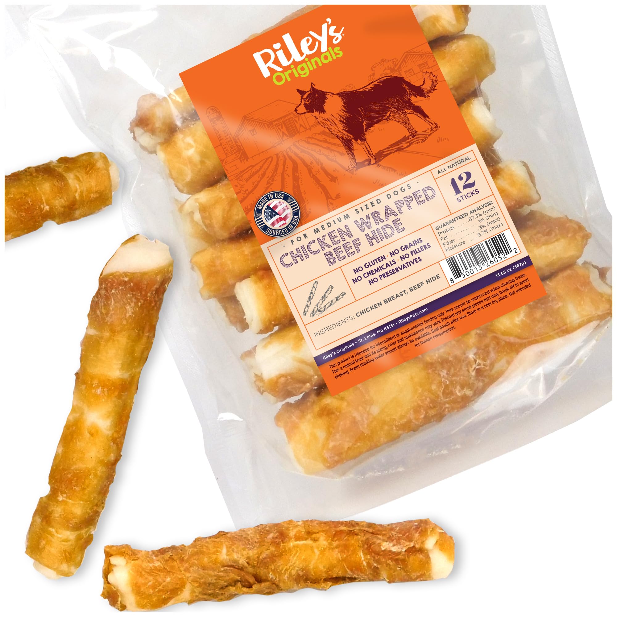 Riley's Chicken Wrapped Beef Sticks - Made with USA Sourced Dehydrated Chicken Breast & Beef Hide - Dog Snacks for Medium Dogs and All Natural Chew Sticks - 12 Medium Twists