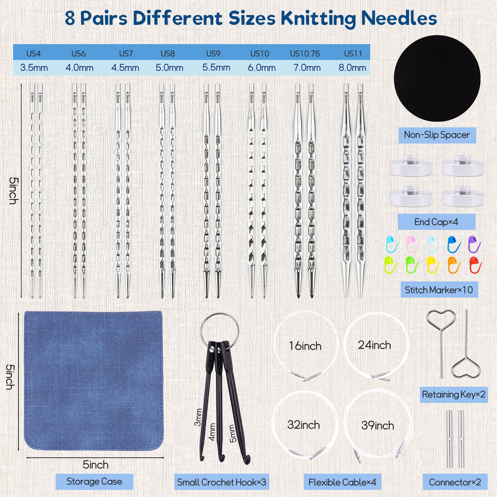 BsHooker Austauschbares quadratisches Stricknadel-Set mit Etui, 3,5 mm - 8 mm | 8 Paar runde Aluminium-Stricknadeln, 4 Kabel, ergonomisches Nadel-Set