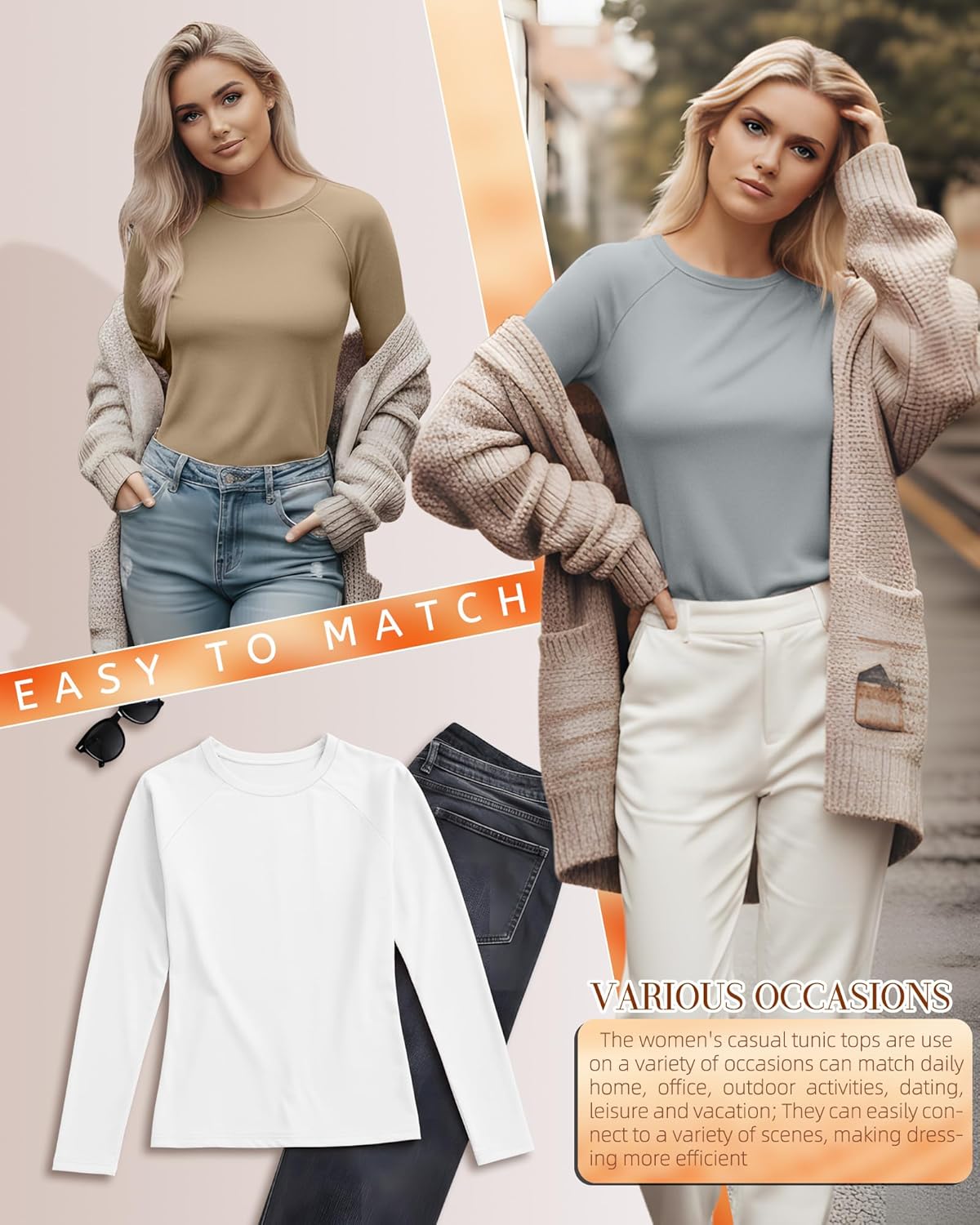 4 Pack Women's Thermal Shirts Long Sleeve Undershirt Tops Raglan Sleeve Fleece Warm Winter Base Layer - Image 2