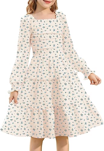 HOZIY Girls Long Sleeve Dress Ruched Smocked Tiered Ruffle A-Line Casual Boho Teen Dresses with Pocket Size 6-16 Years