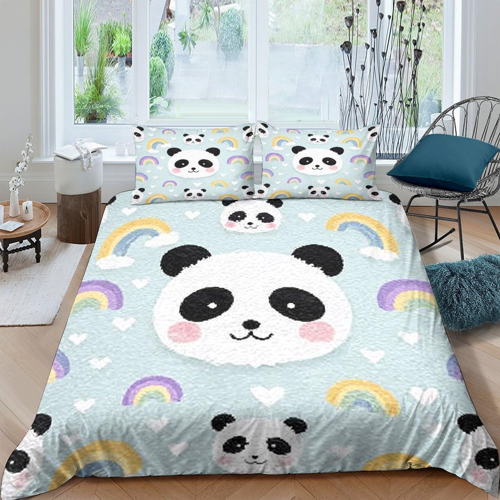 Ctjqhvkz Style-8 3D Printed Cute Panda Fitted Sheet Microfiber Soft Pastel Rainbow Bed Cover For Bedroom Dorm Mattress Protection Decor Single（135X200cm）