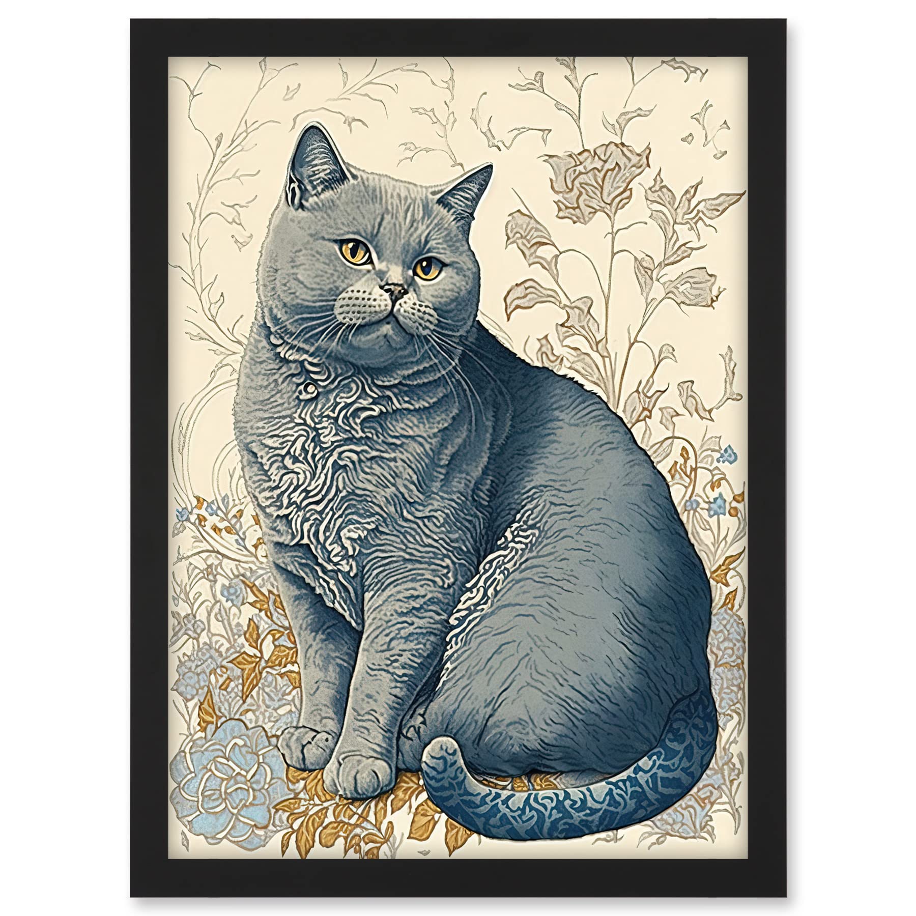 Artery8 William Morris Inspired Cat Portrait with Flowers Modern Illustration Artwork Framed A3 Wall Art Print