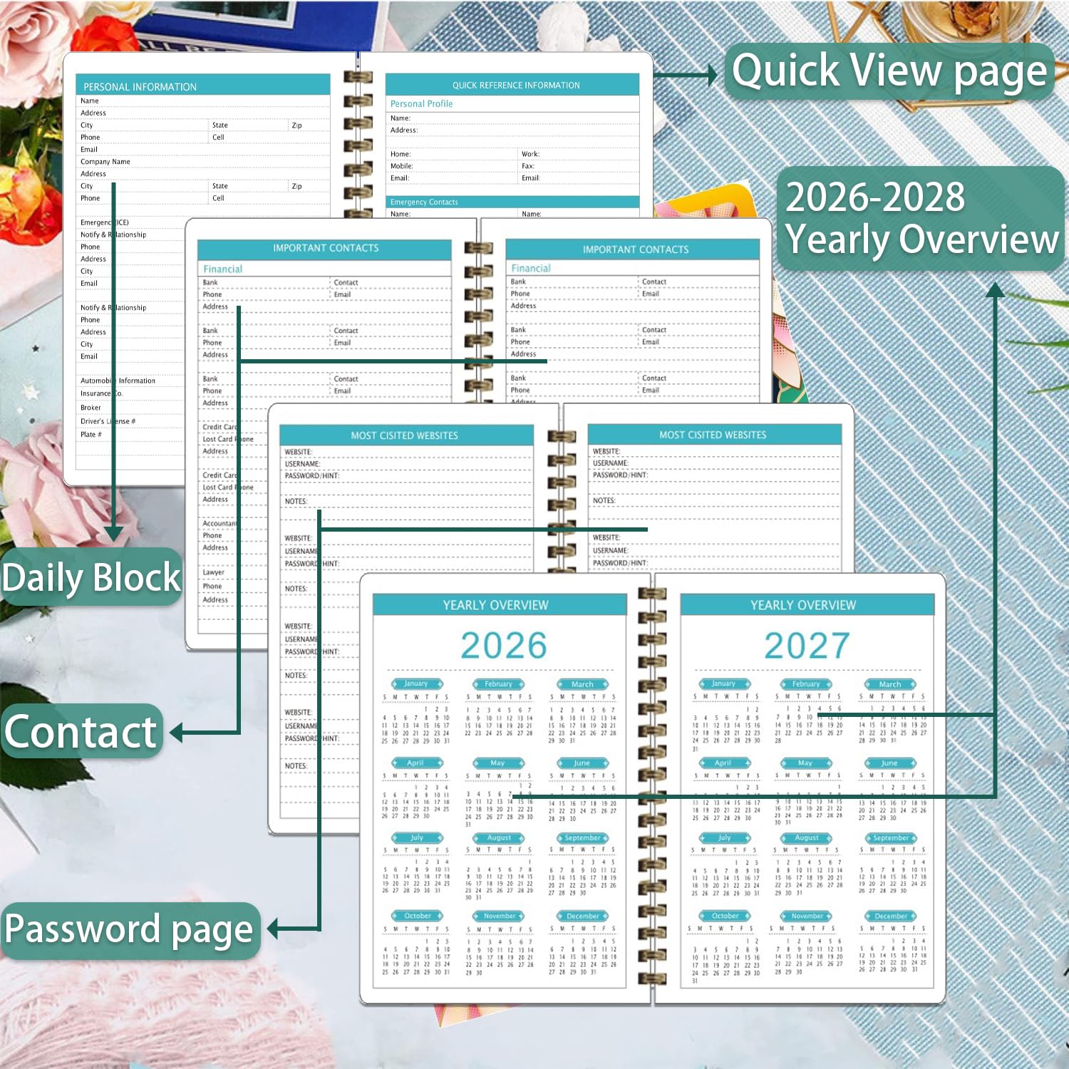 2026-2028 Planer, Wochen- und Monatsplaner-Buch, Tageskalender-Planungs-Notizbuch, Hardcover-Organizer, geeignet für Lehrer und Studenten, Bürobedarf für Damen und Herren, A5 (15,5 x 21,1 cm) (Grün)