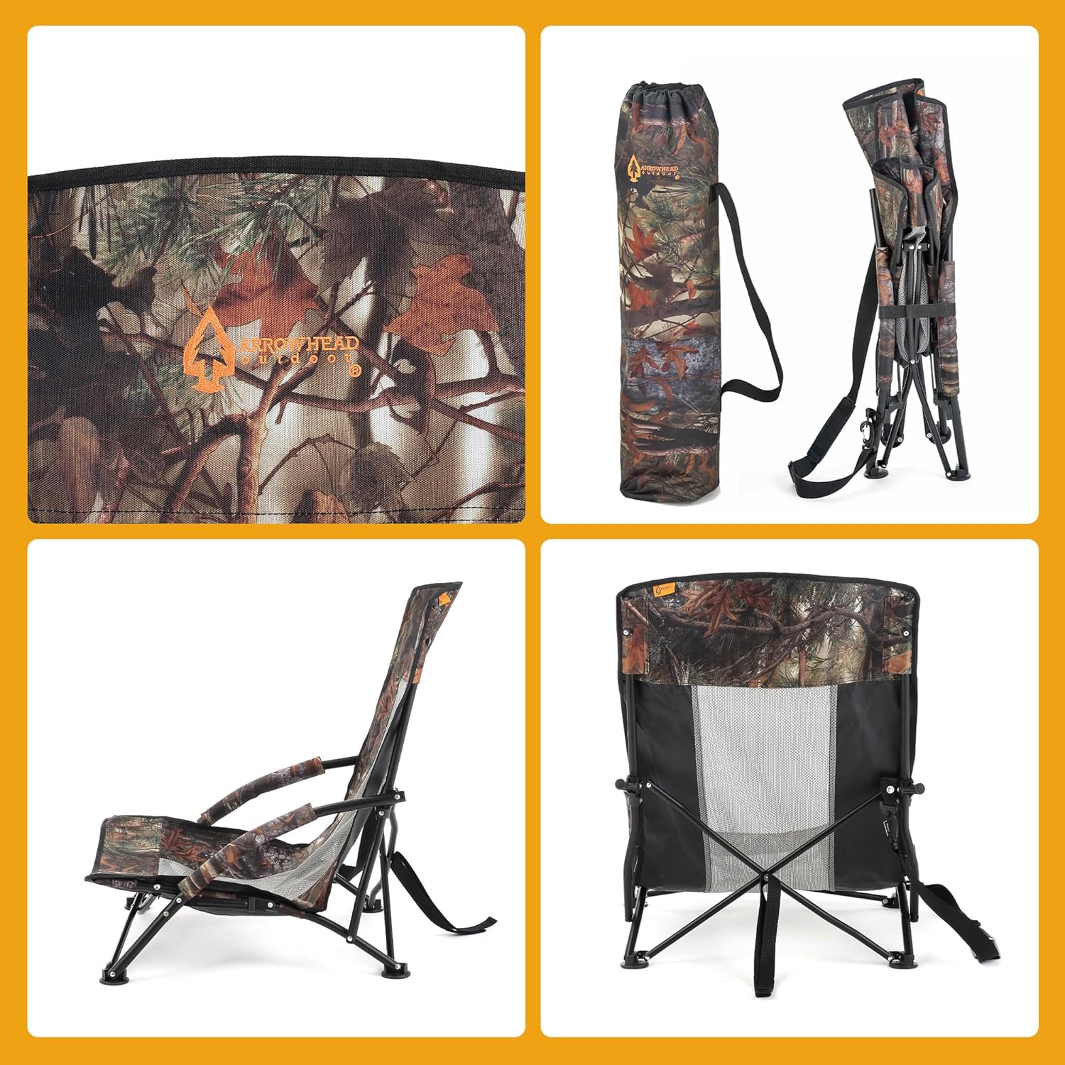 ARROWHEAD OUTDOOR 2-Pack Portable Folding Turkey Hunting Blind Chair with Padded Armrest, No-Sink Feet and Shoulder Strap, Camouflage, Low Profile, Mesh Seat