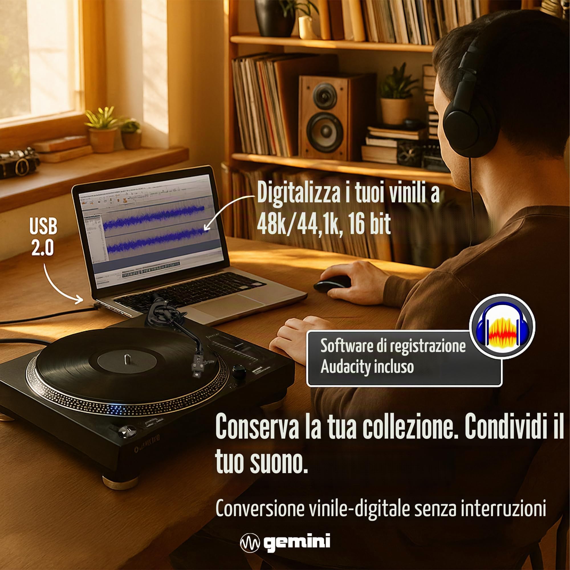 Gemini Direct Drive DJ Giradischi per dischi in vinile - Giradischi USB con preamplificatore integrato, motore ad alta coppia, controllo del passo, braccio a forma di S, 33/45/78 giri/min (TT-5000)