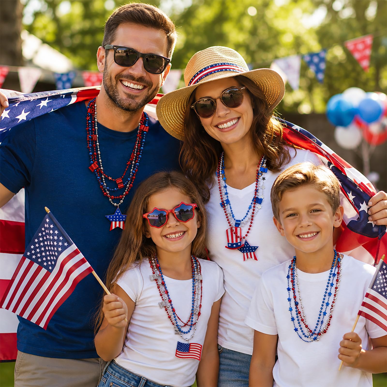 24 collares de cuentas del 4 de julio, accesorios patrióticos, a granel, estrellas rojas, blancas, azules, banderas de Estados Unidos, collares para decoraciones del 4 de julio, accesorios para el Día