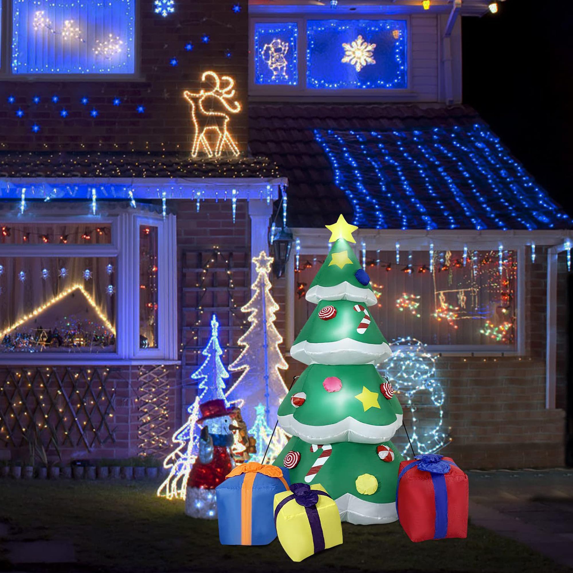 Árbol de Navidad Inflable con 3 Cajas de Regalo, Árbol de Navidad Grande con Luces, Construido en el Compresor de Aire, Decoración Inflable de Navidad para Patio, Jardín, Césped y Plaza