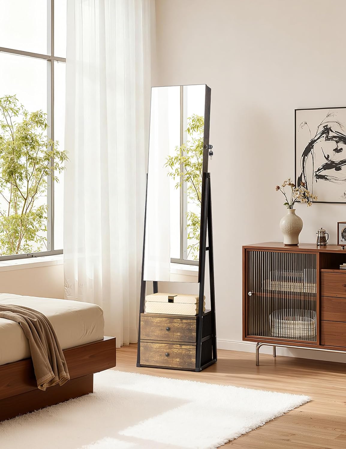 Nicetree Jewelry Cabinet Armoire with 2 Drawers, Lockable Standing Jewelry Mirror Cabinet, Full Length Mirror with Jewelry Storage, Rustic Brown - Image 3