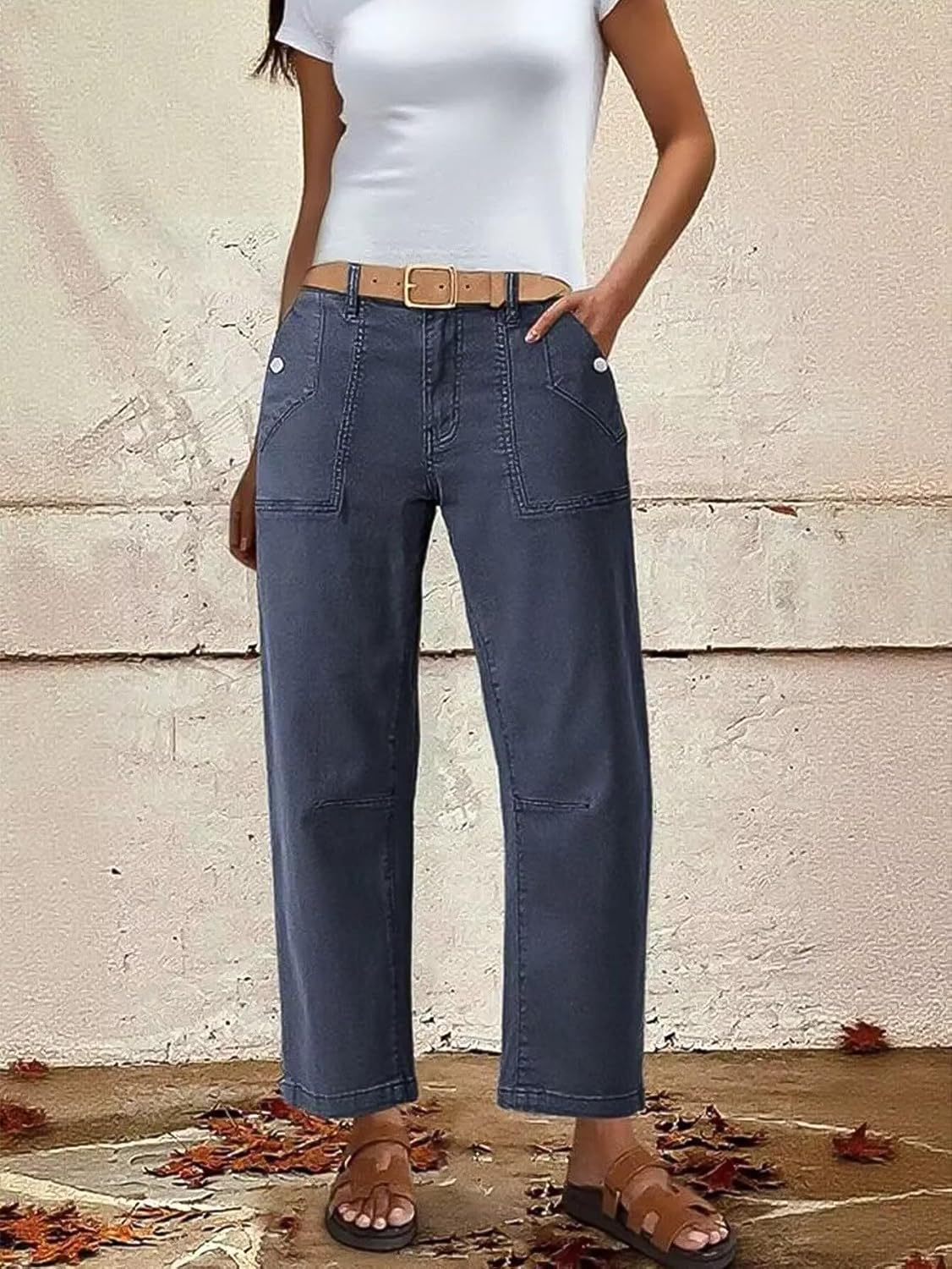 Flamingals Straight Mid Waist Barrel Pants Casual Button Fly Cropped Pants for Women - Image 3