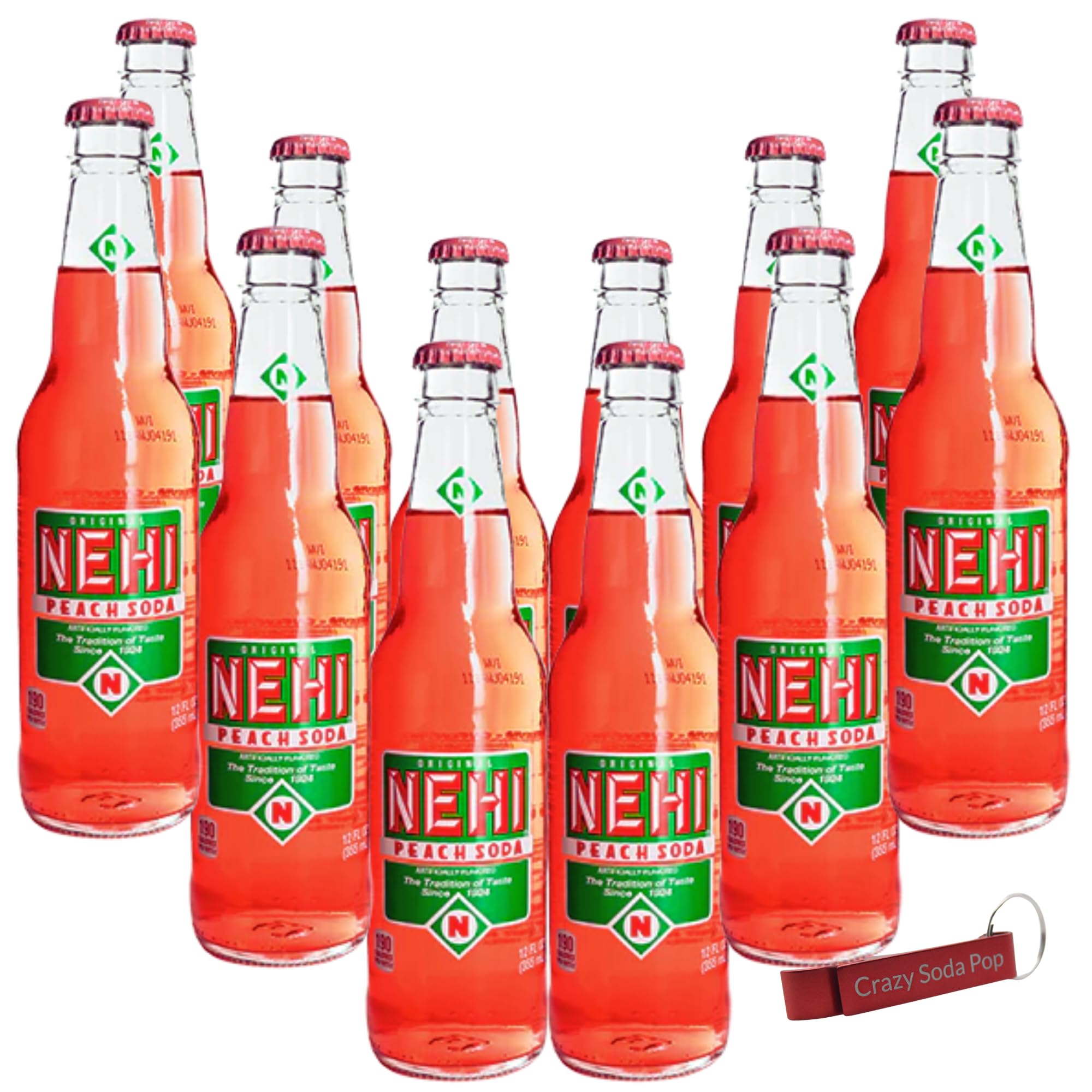 Nehi Peach Soda | Real Cane Sugar | Caffeine Free | Throwback Retro Bottle | 12 oz Glass Bottles with Crazy Soda Pop Bottle Opener (12 Pack)