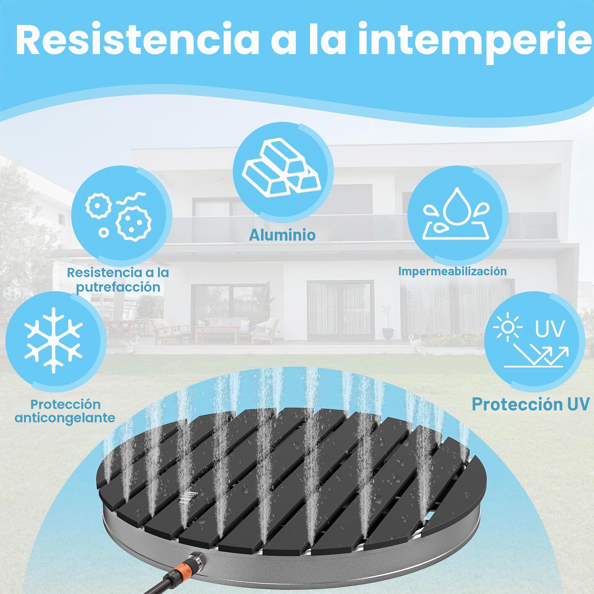UISEBRT Ducha de jardín exterior de WPC y aluminio, ducha móvil de suelo, ducha solar, ducha de camping, altura de fuente ajustable hasta 4 m, para piscina, jardín, terraza (redonda – antracita)