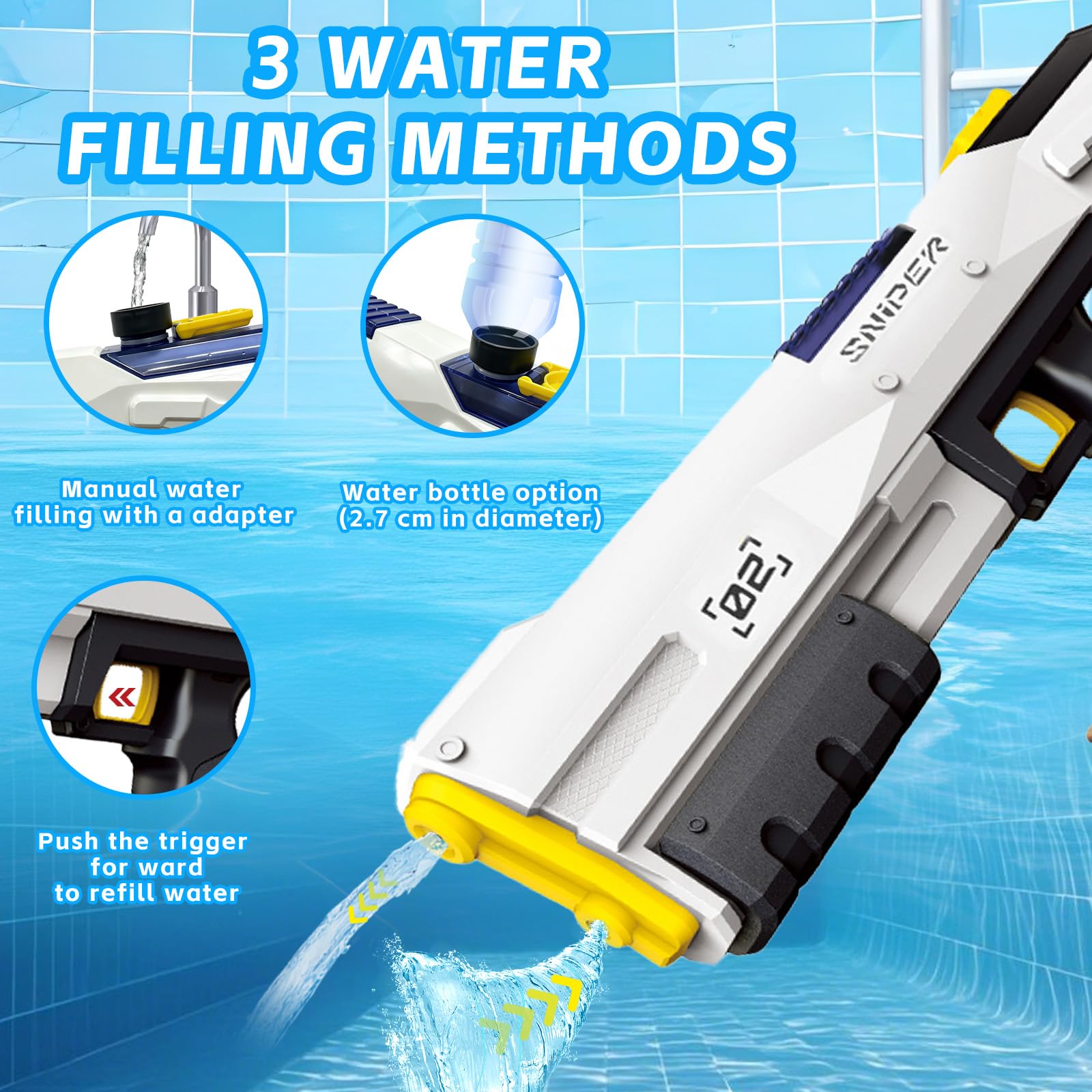Maxee 2309-LMD-F Pistolet à eau électrique à un bouton automatique pour enfants, adultes, piscine, fête, plage en plein air