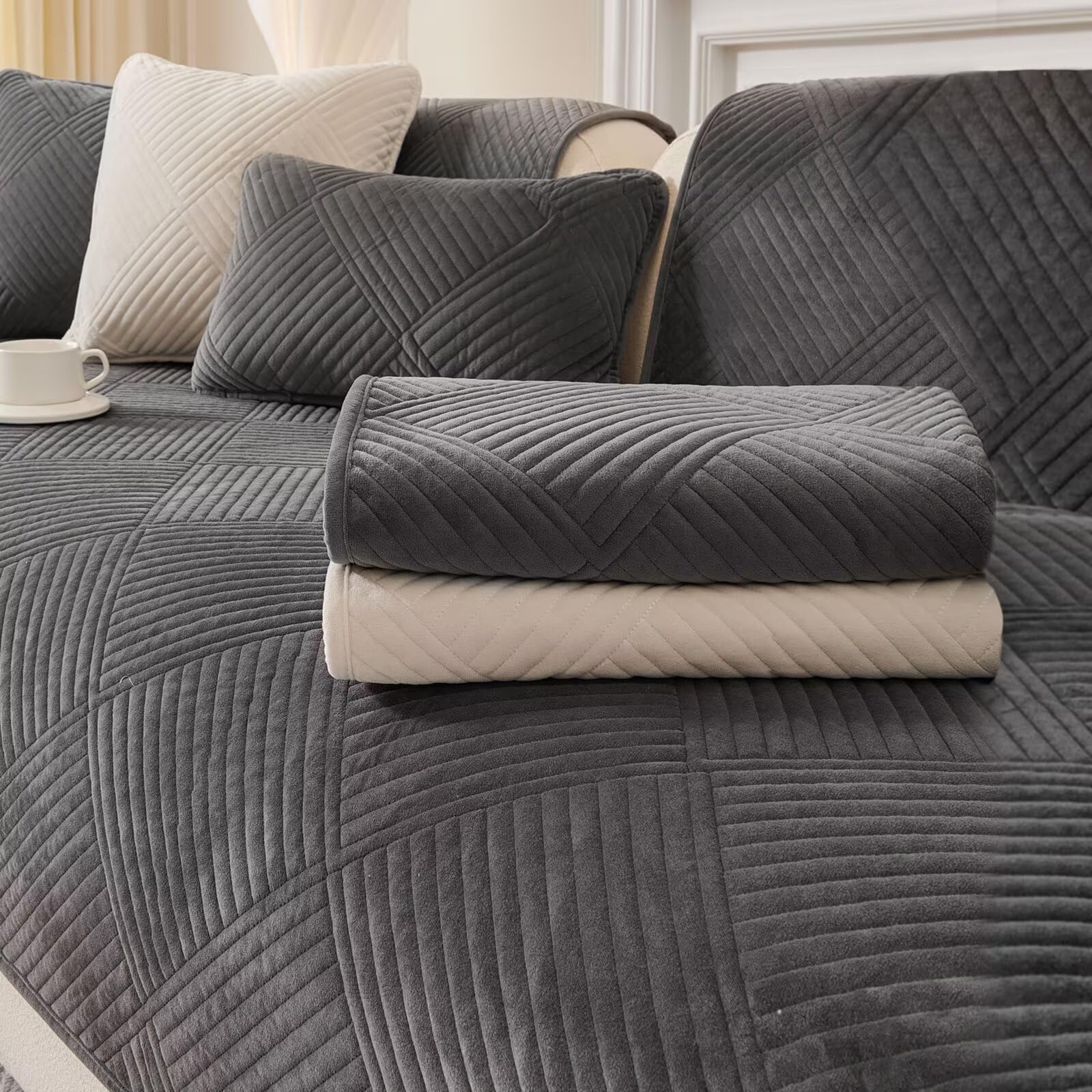 Telo Copridivano Per Penisola/Angolare 1 2 3 4 Posti Telo Salva Divano Antiscivolo Lusso Copertura Divano In Ciniglia Con Finiture In Nappe Coperta Multiuso Per Divani/Poltrona(180X150cm,Grey