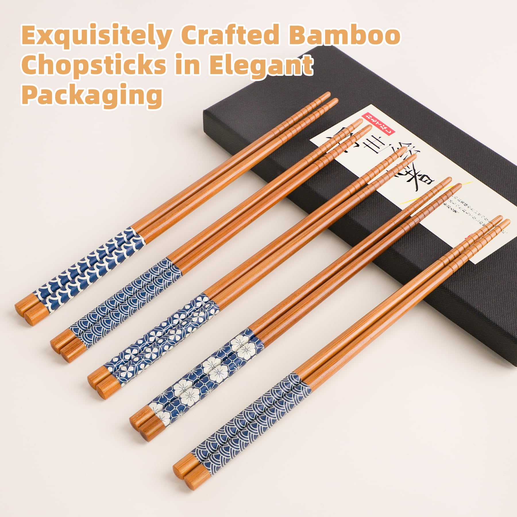 Antner 5 Pairs Natural Bamboo Chopsticks Reusable Classic Japanese Style Chop Sticks Gift Sets, Dishwasher Safe, 8.8 Inch/22.5cm — Amazon image 5